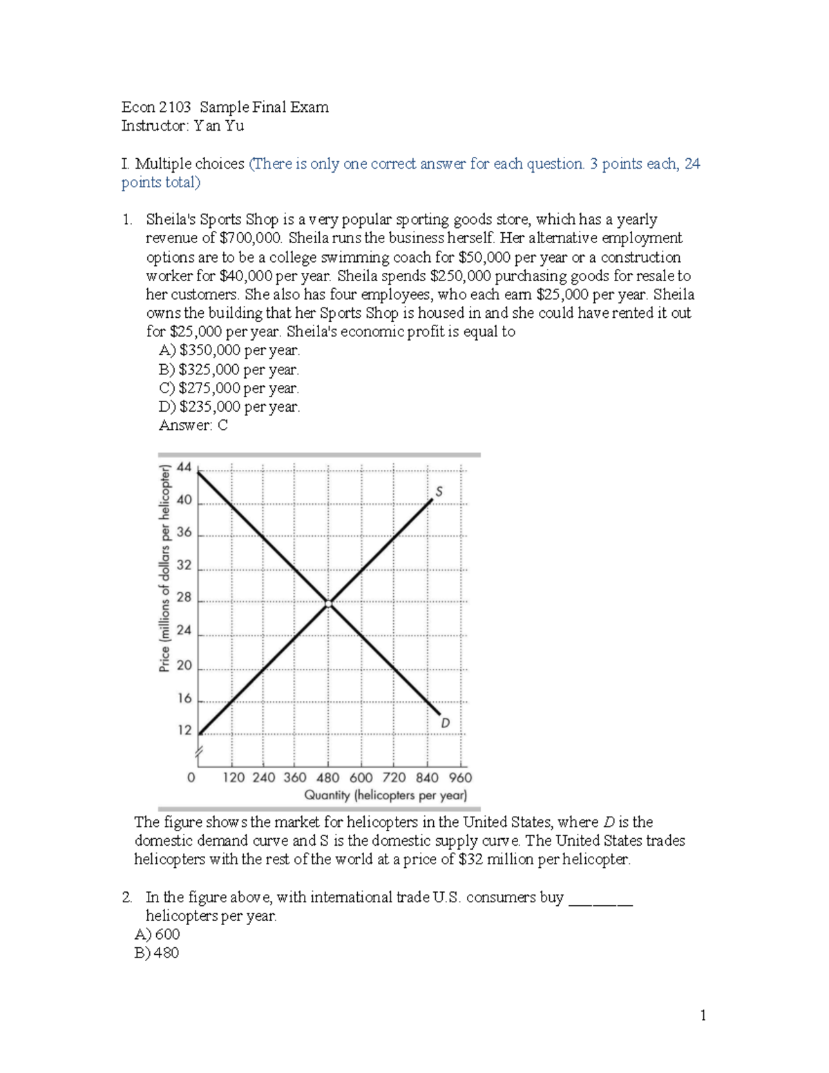 Econ 2103 Sample Final Exam with Answers by Yan Yu - Studocu