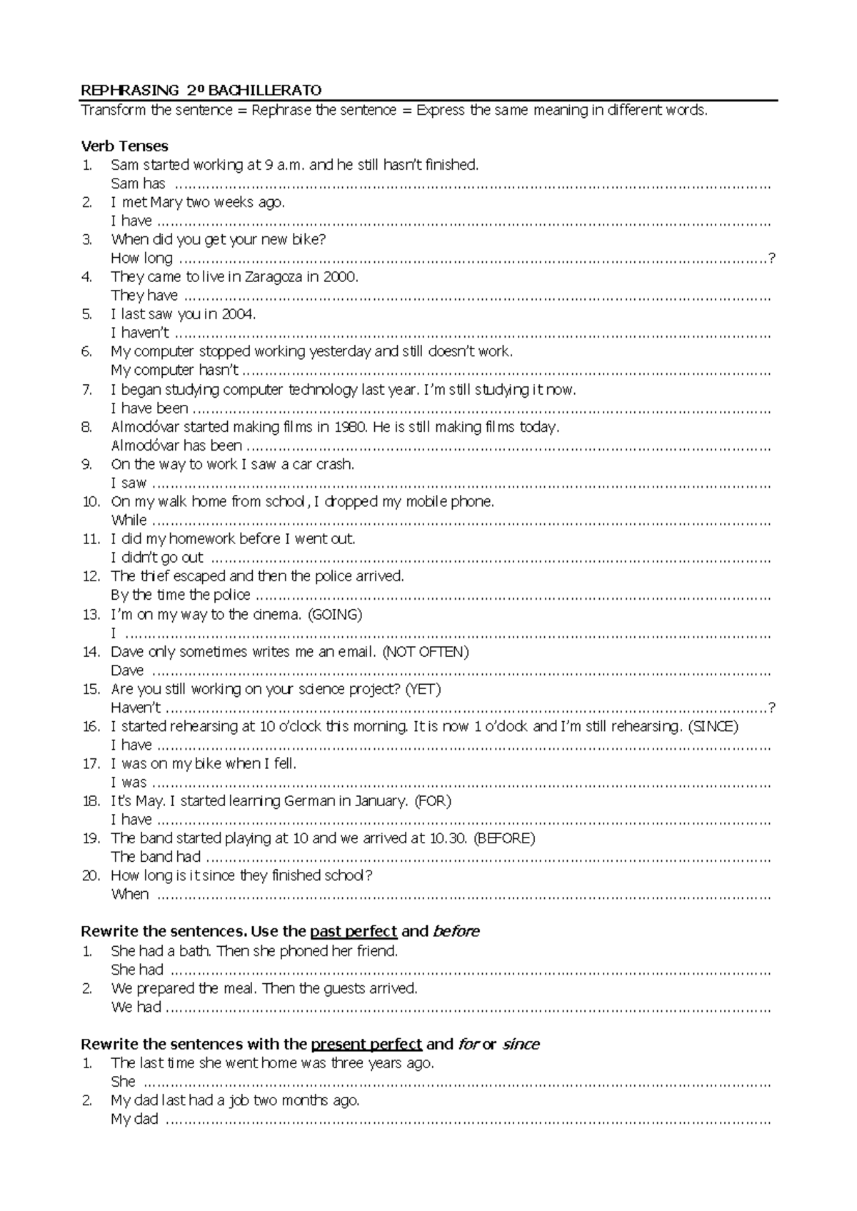 Rephrasing Verb Tenses: 2ºBTO Exercise and Answer Key - Document Preview