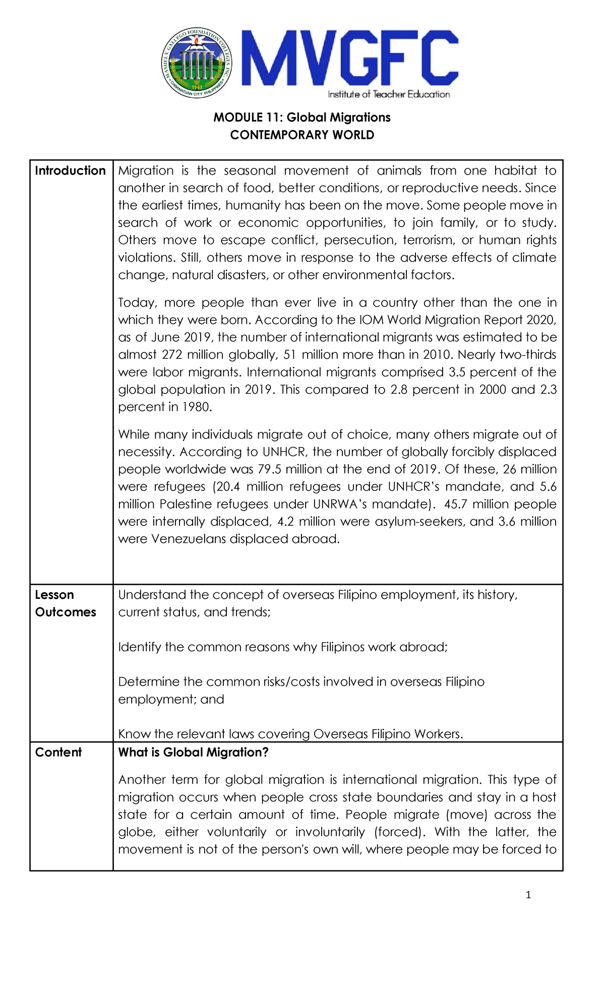 Module-11 - Notes - MODULE 11: Global Migrations CONTEMPORARY WORLD ...