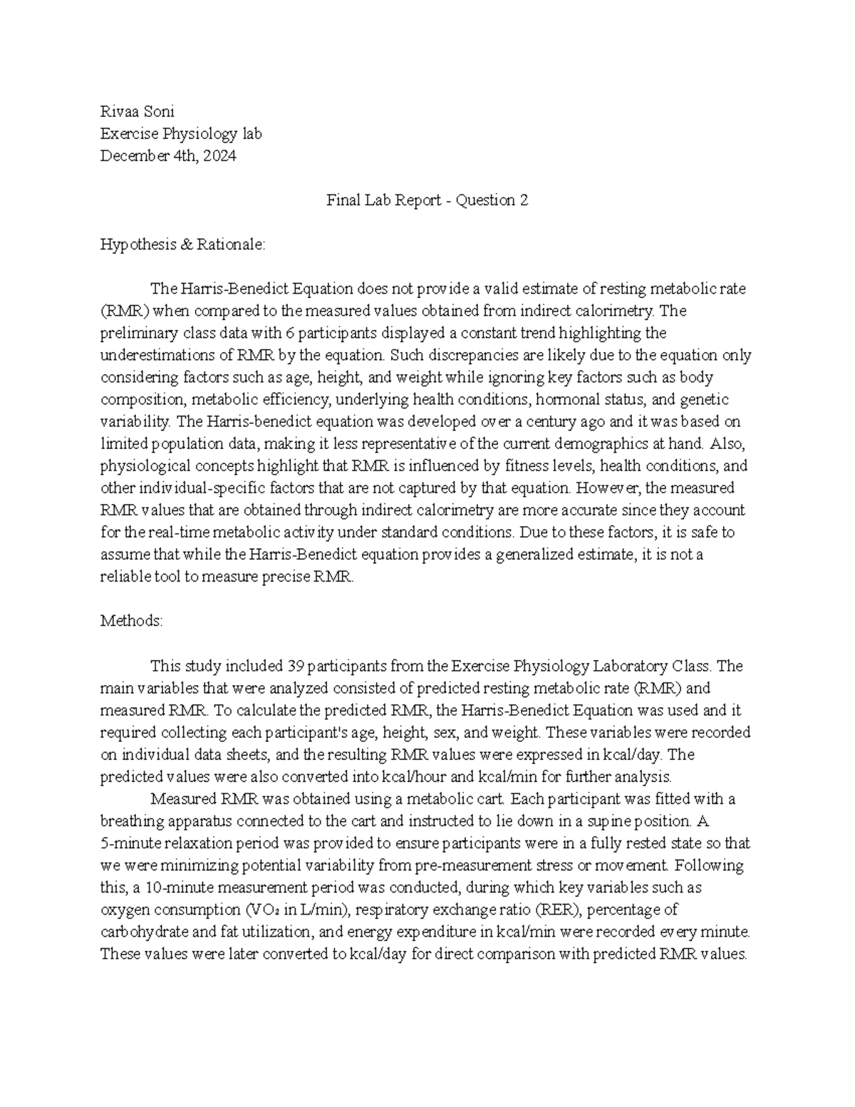 EXPH 2024 - Final Lab Report: RMR Estimation via Harris-Benedict ...