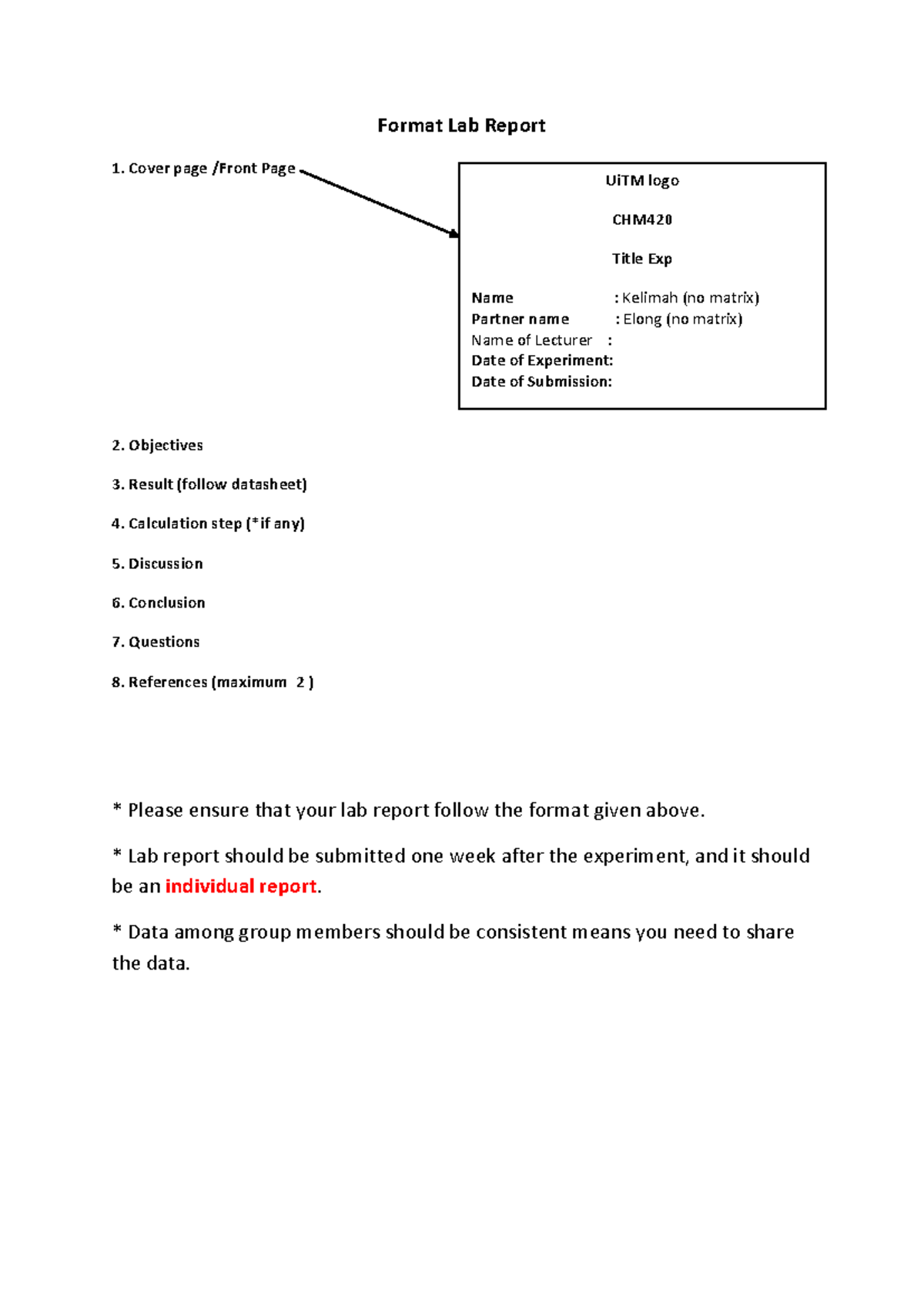 Format Lab Report CHM420 - Format Lab Report 1. Cover page /Front Page ...