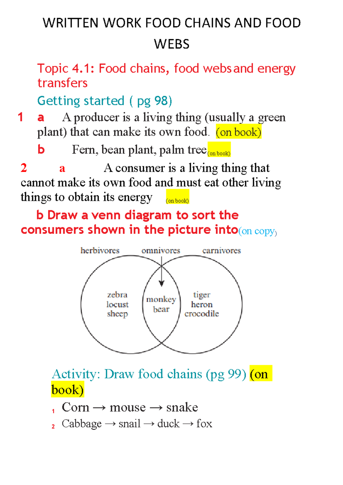 class assignment - WRITTEN WORK FOOD CHAINS AND FOOD WEBS Topic 4: Food ...