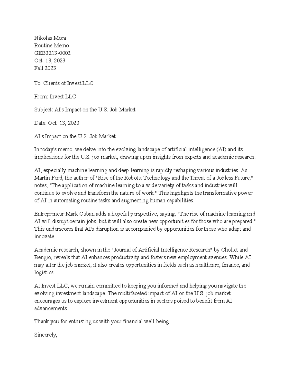 Routine Memo on AI's Impact on U.S. Job Market - GEB3213-0002 - Studocu