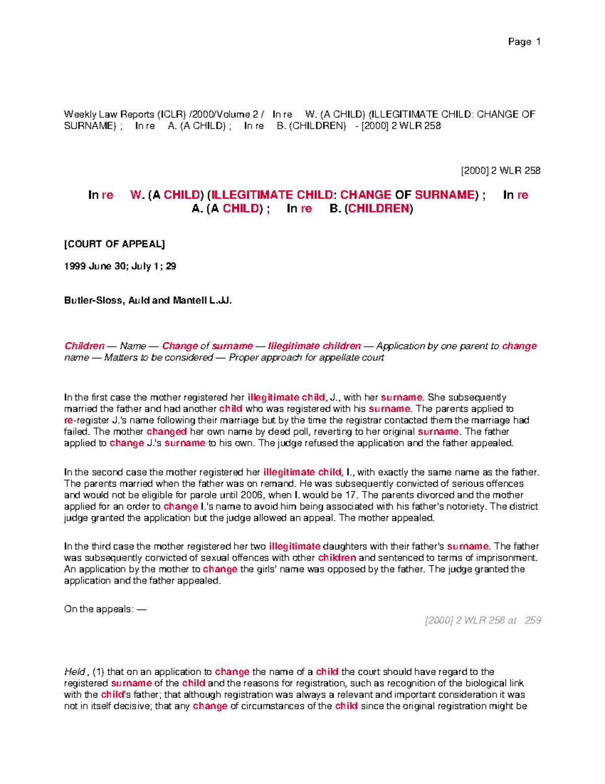 In re W. - Case Analysis on Illegitimate Child Name Changes - Studocu