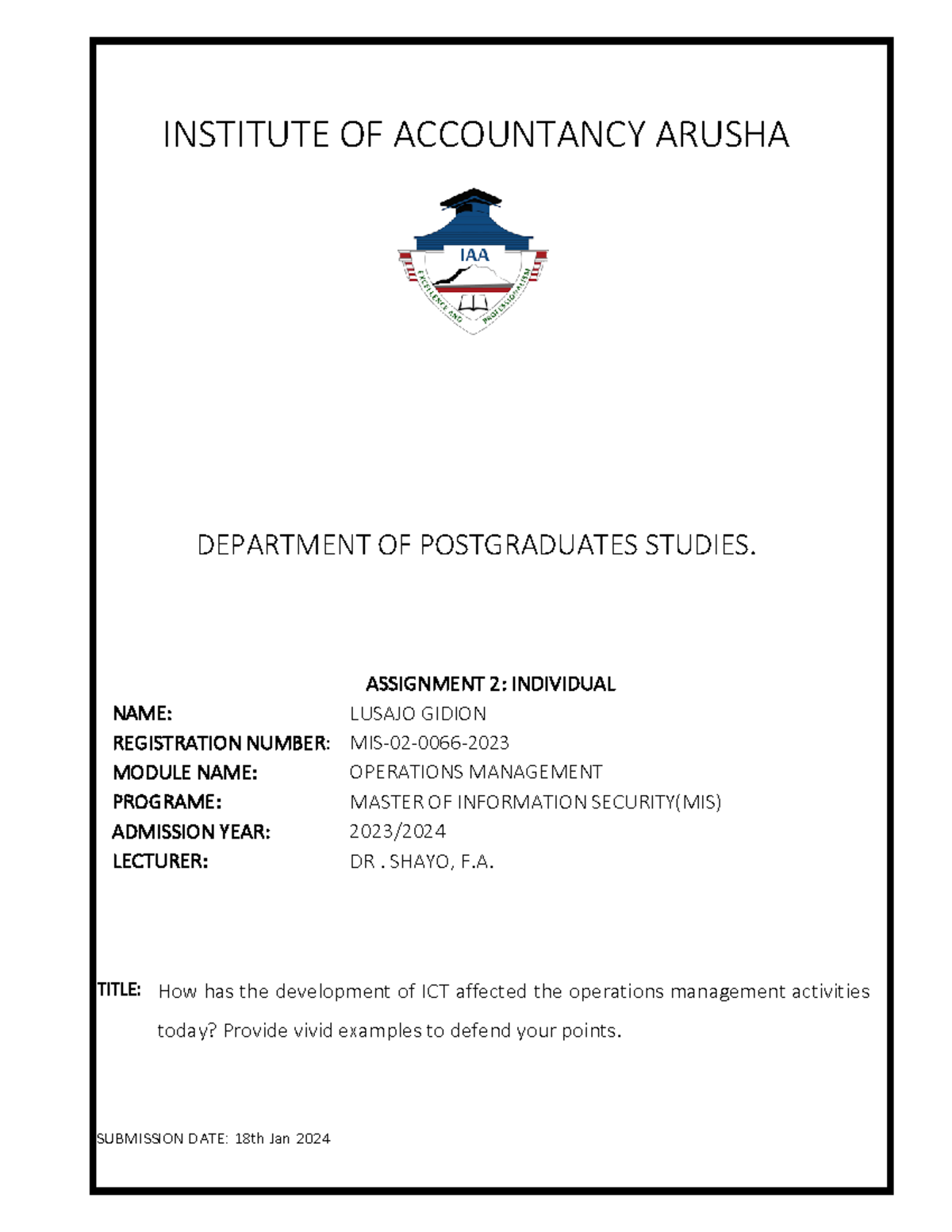 MIS 701: Assignment 2 - Impact of ICT on Operations Management - Studocu