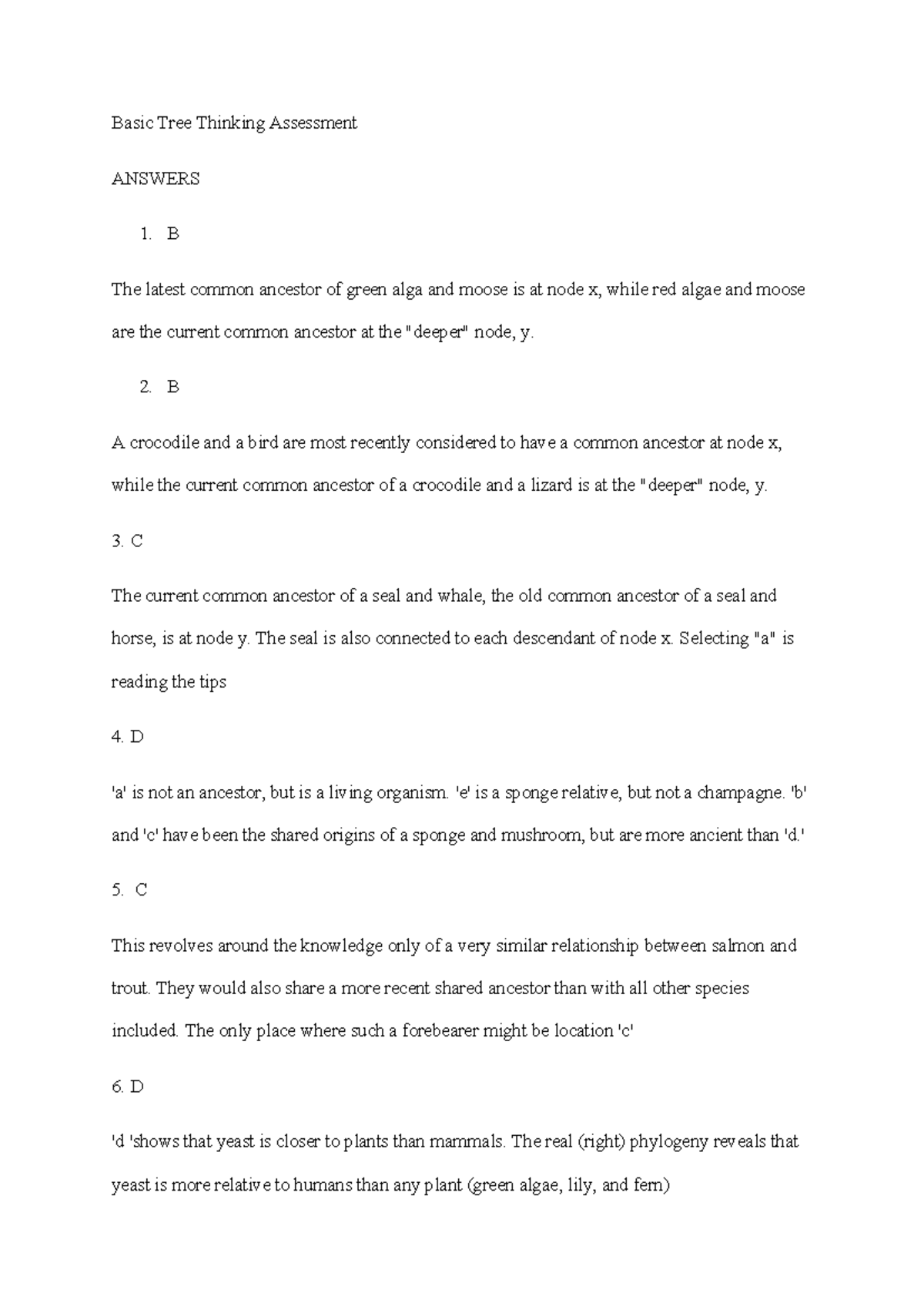 Basic Tree Thinking Assessment 1 - Basic Tree Thinking Assessment ...