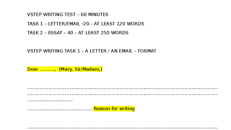 VSTEP Writing Test - Invitation Letter Guidelines 2025 - Studocu