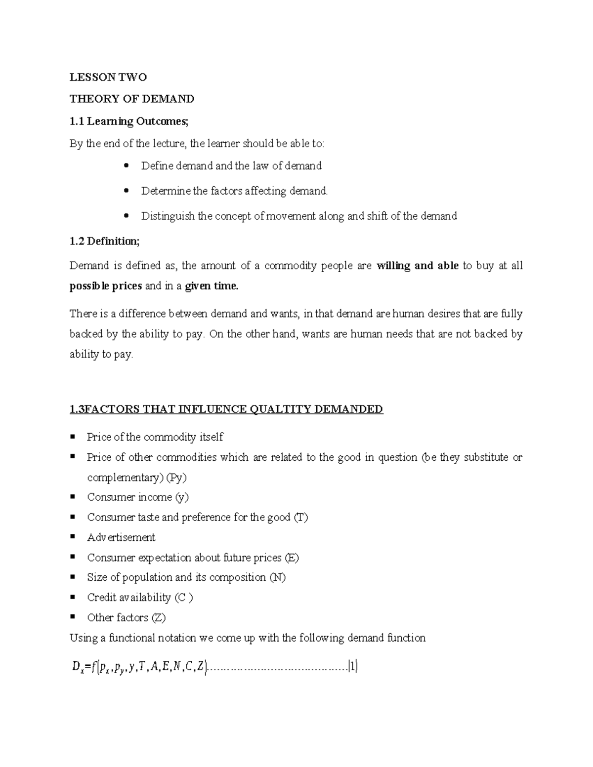 ECON 111 - Lecture Notes on Theory of Demand and Influencing Factors ...