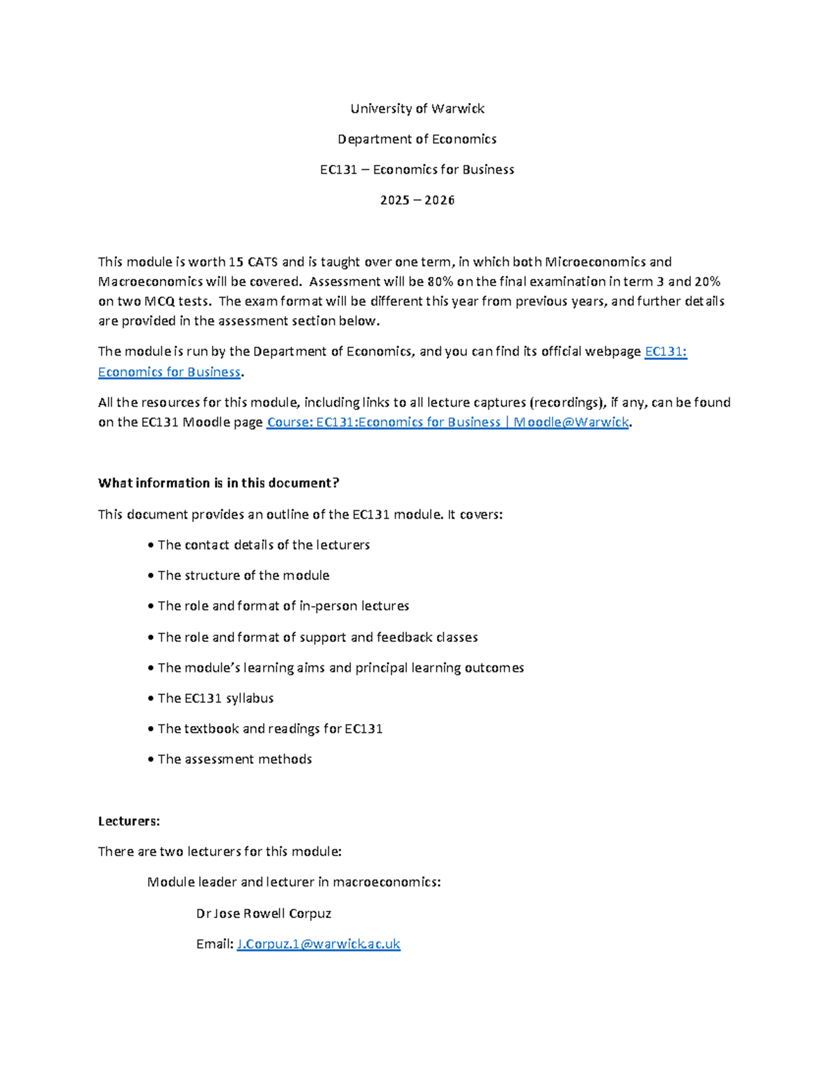EC131 Module Outline 2025-26: Economics for Business Overview - Studocu