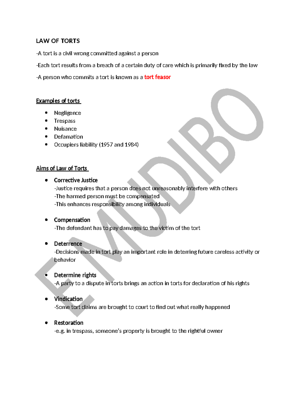 TORT - A'level - Comprehensive Notes on Tort Law Principles - Studocu