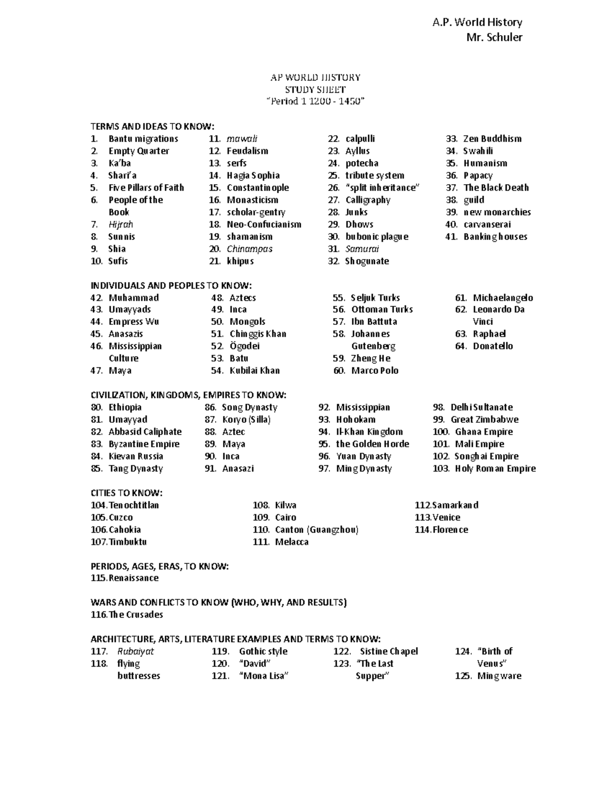 A.P. World History Study Guide: Key Terms & Concepts (1200-1450) - Studocu