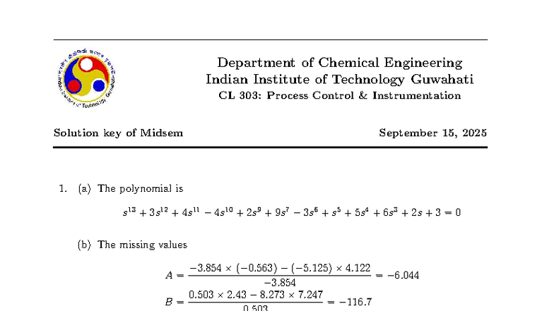 CL 303: Process Control Instrumentation Midsem Solution Key - Sep 2025 ...