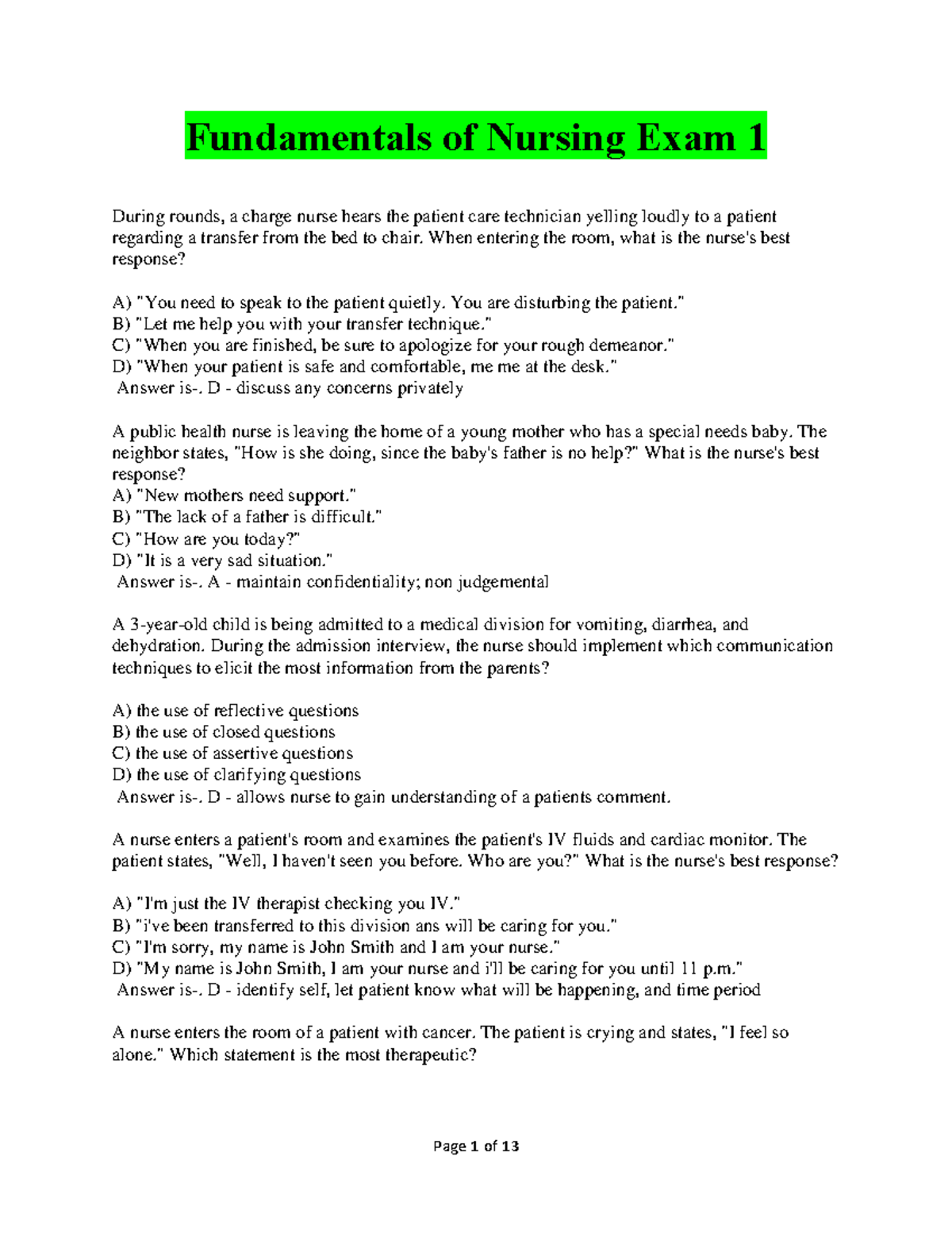 Fundamentals of Nursing Exam 1 Study Guide and Practice Questions - Studocu