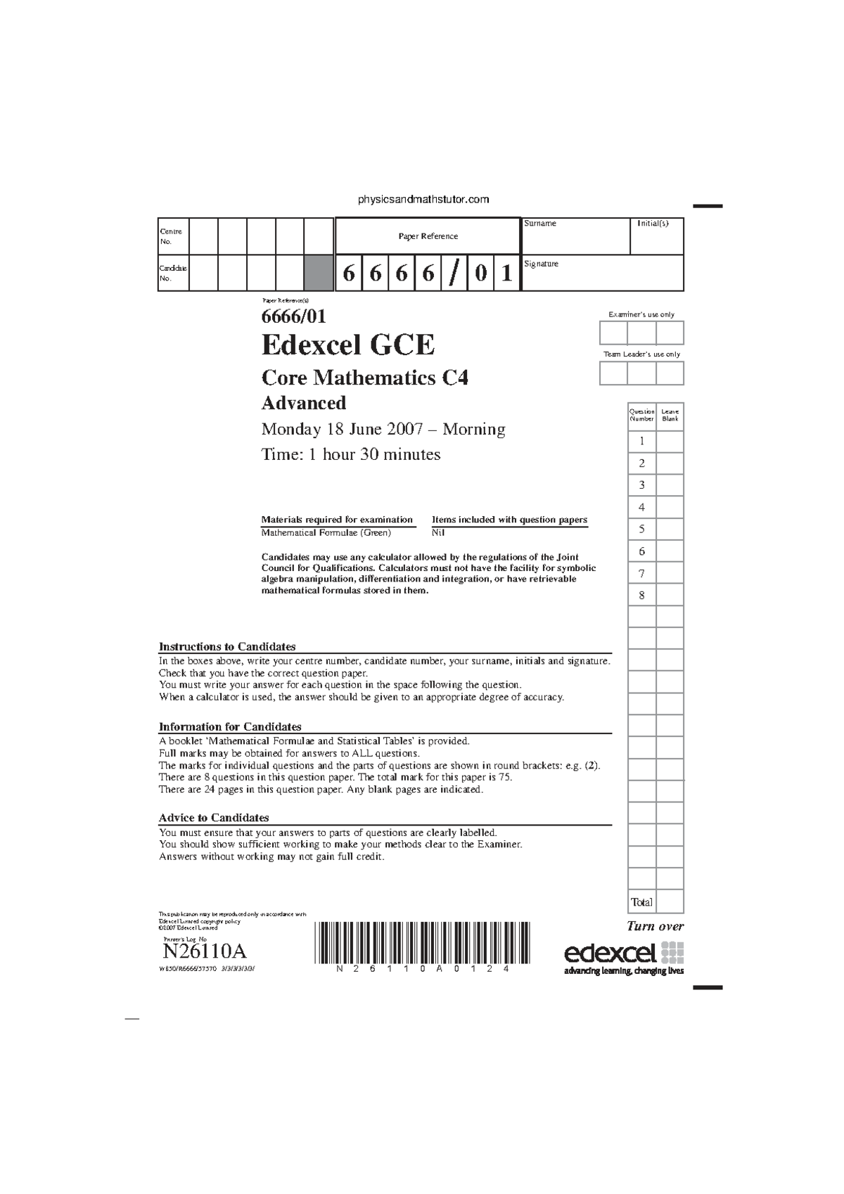 June 2007 Edexcel GCE Core Mathematics C4 Exam Paper - Studocu