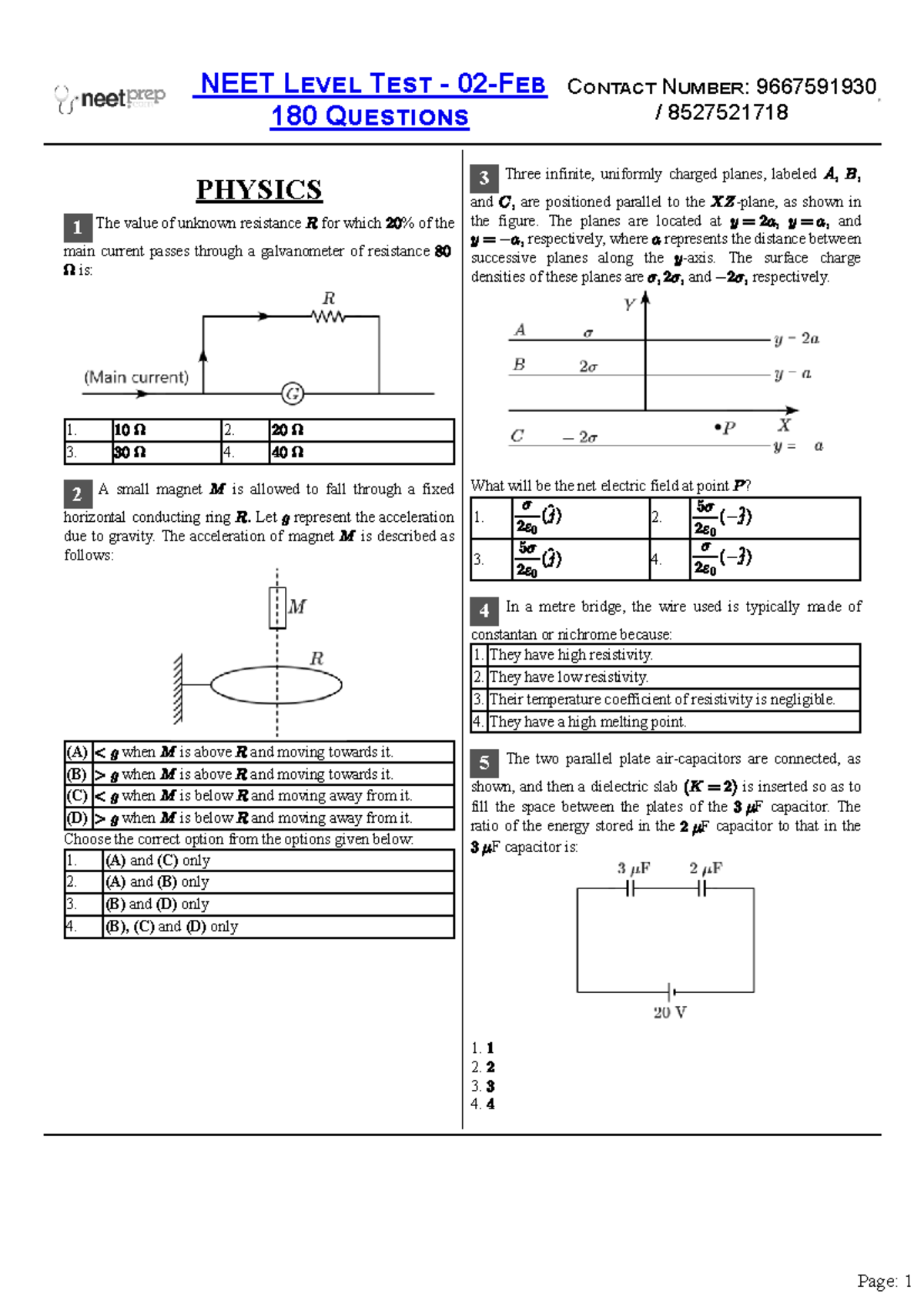 NEET Level Test 180 Questions - Physics, Chemistry, and Biology ...