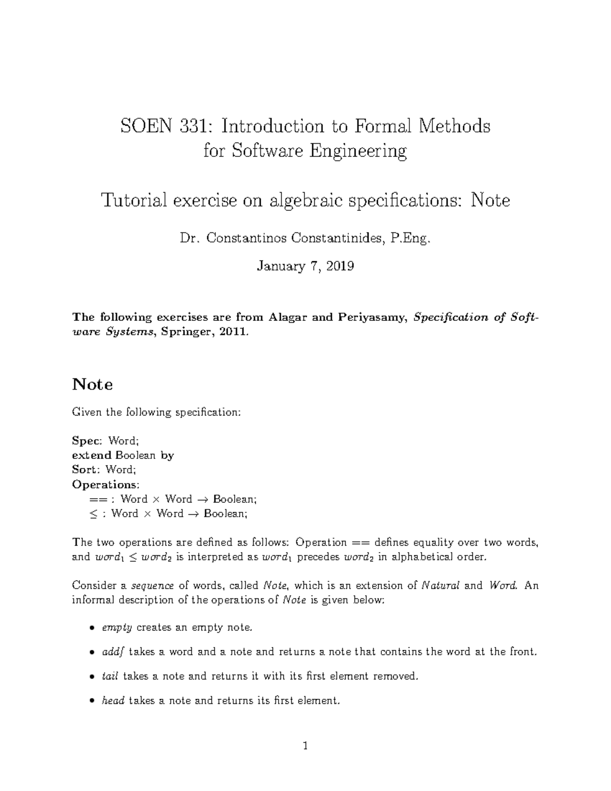 SOEN 331: Algebraic Specifications Tutorial Notes - Studocu