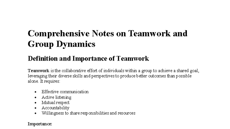 Comprehensive Notes on Teamwork & Group Dynamics Principles - Studocu