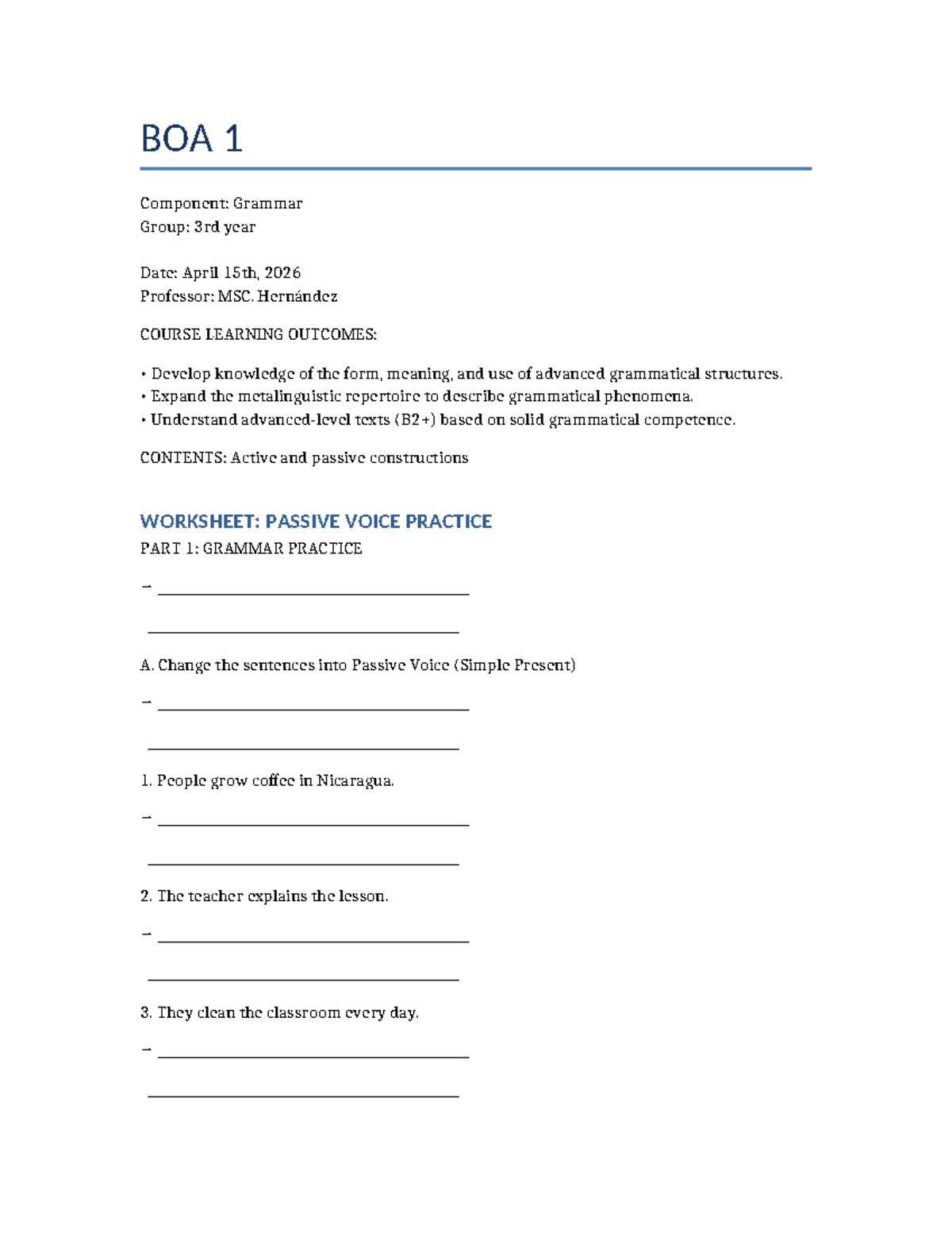 BOA 1 Grammar: Passive Voice Practice for 3rd Year Students - Studocu