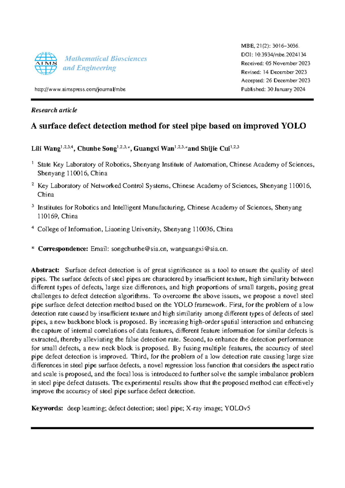 Improved YOLOv5 for Steel Pipe Surface Defect Detection (MBE 21(2 ...