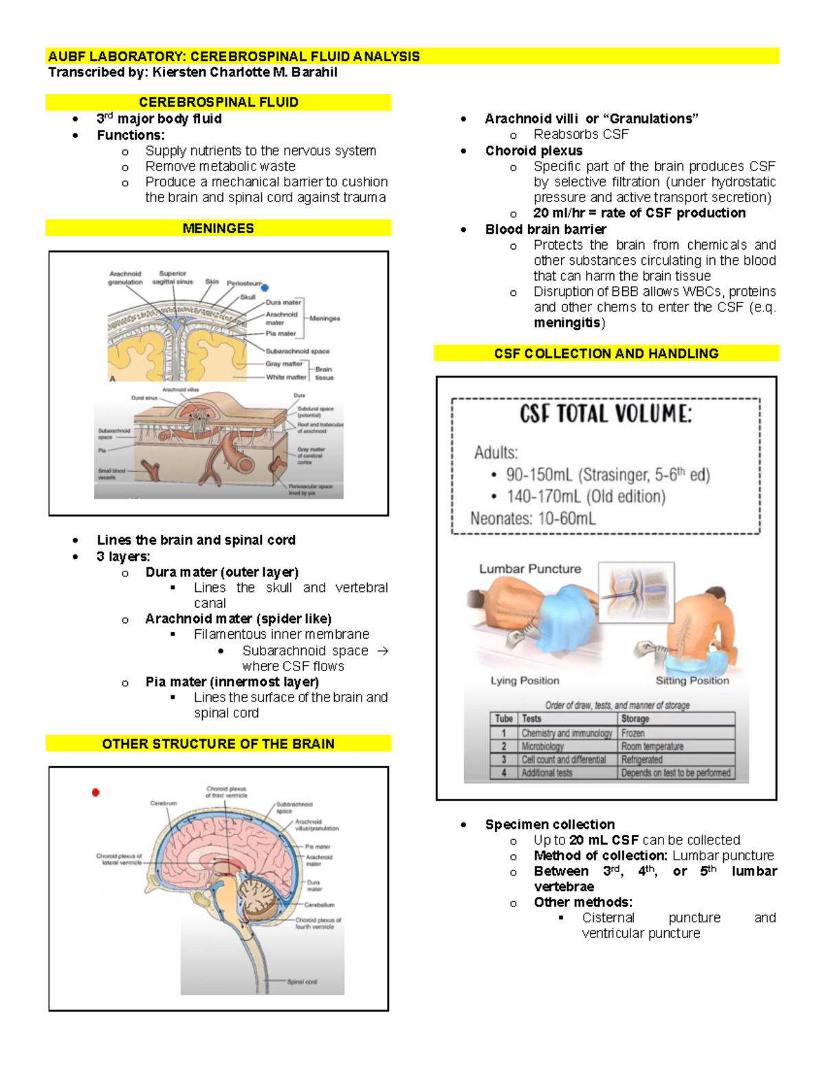 AUBF Laboratory- Cerebrospinal Fluid Analysis - Transcribed by ...