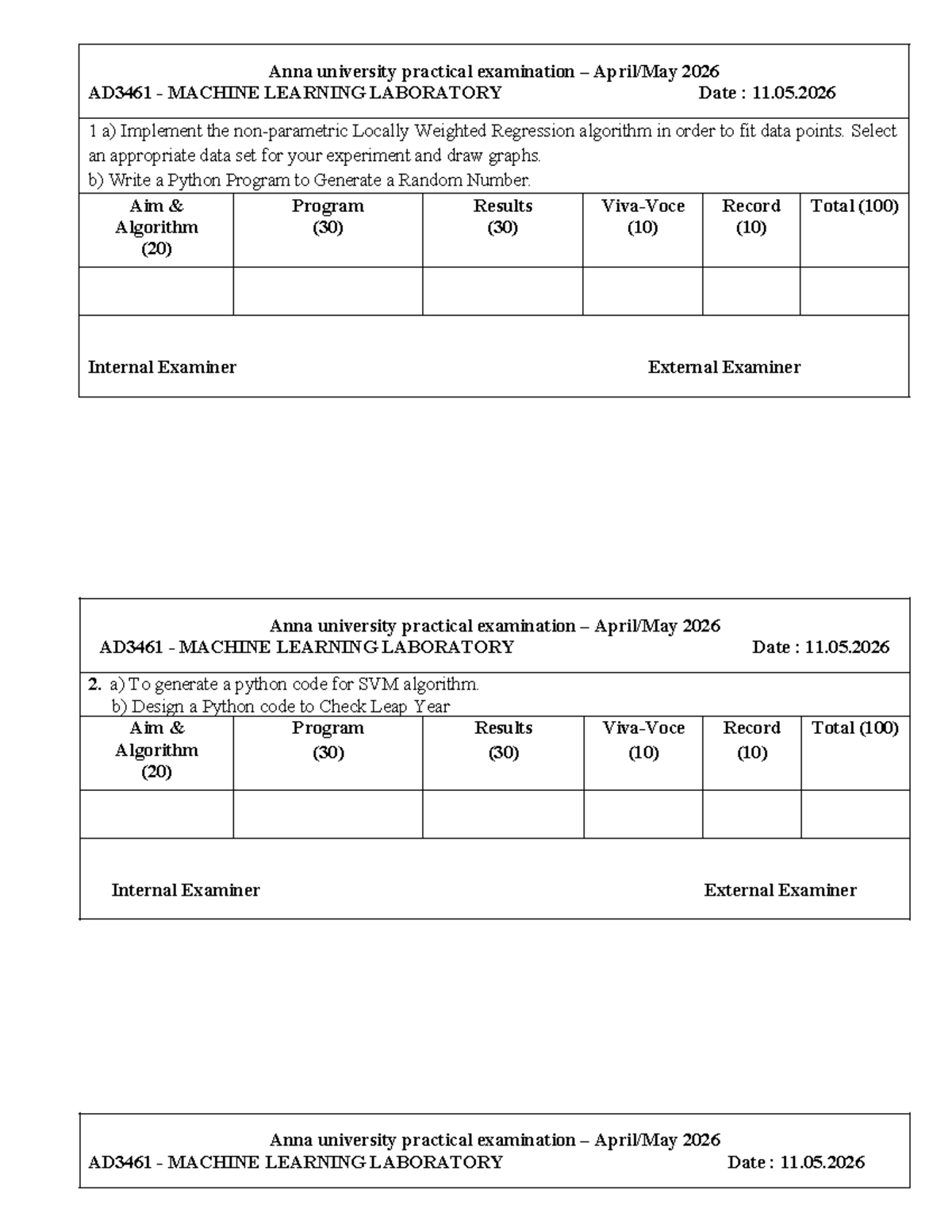 AD3461 Machine Learning Lab Practical Exam Questions Set 1 - Studocu