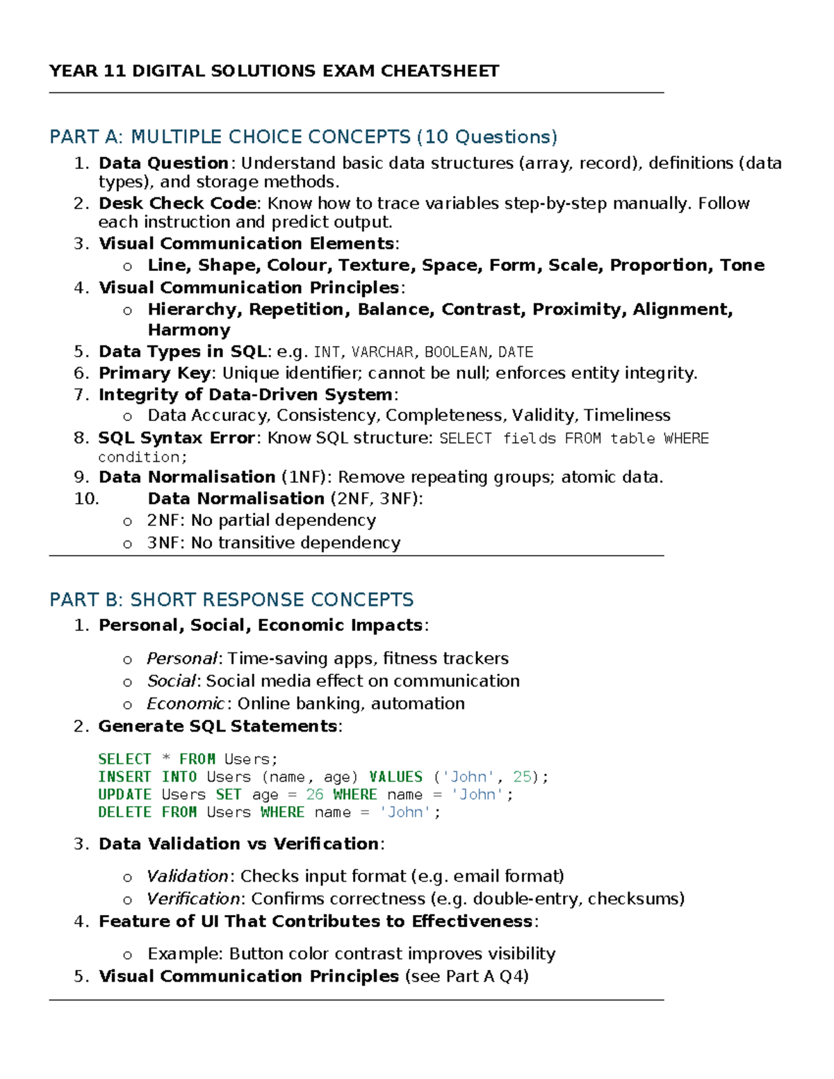 YEAR 11 DIGITAL SOLUTIONS FINAL EXAM CHEATSHEET: MCQ & Short Response ...