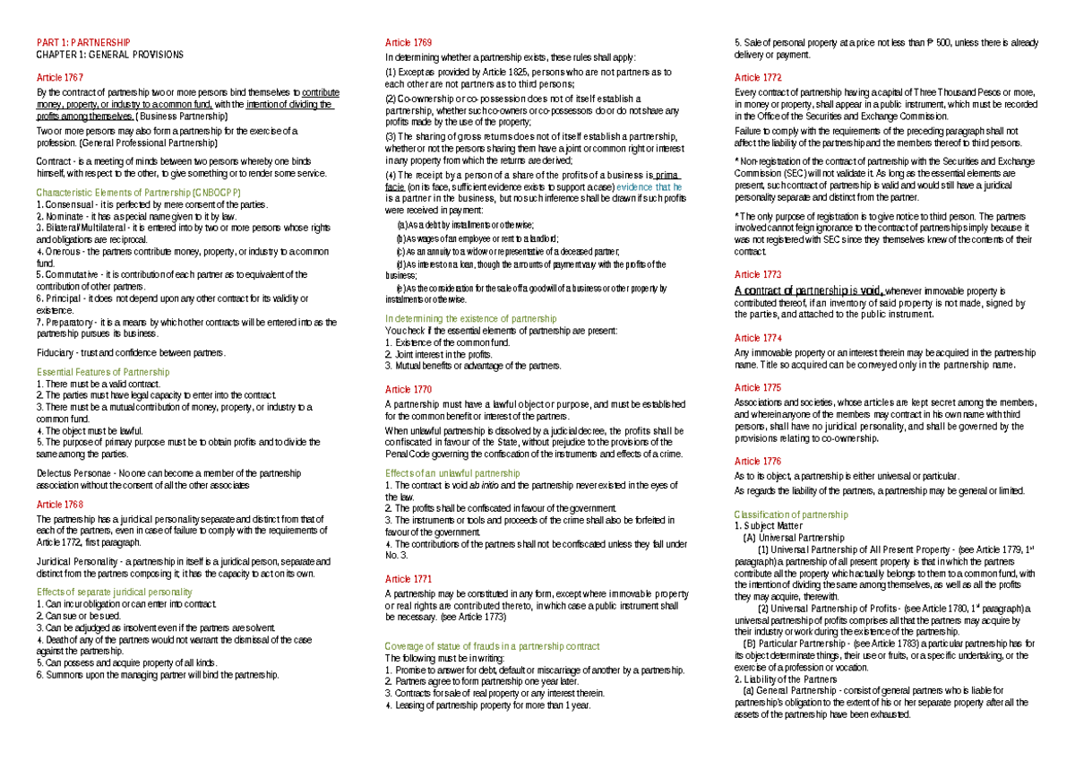 LAW102 Chapters 1 & 2 - Partnership Law Overview and Reviewer - Studocu