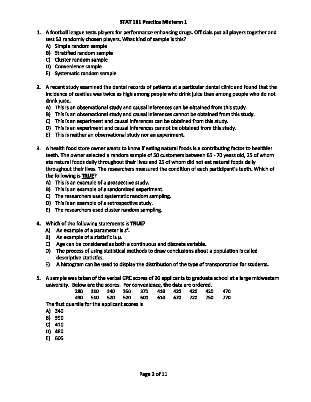 STAT 161 Practice Midterm 1: Sample Questions and Solutions - Studocu