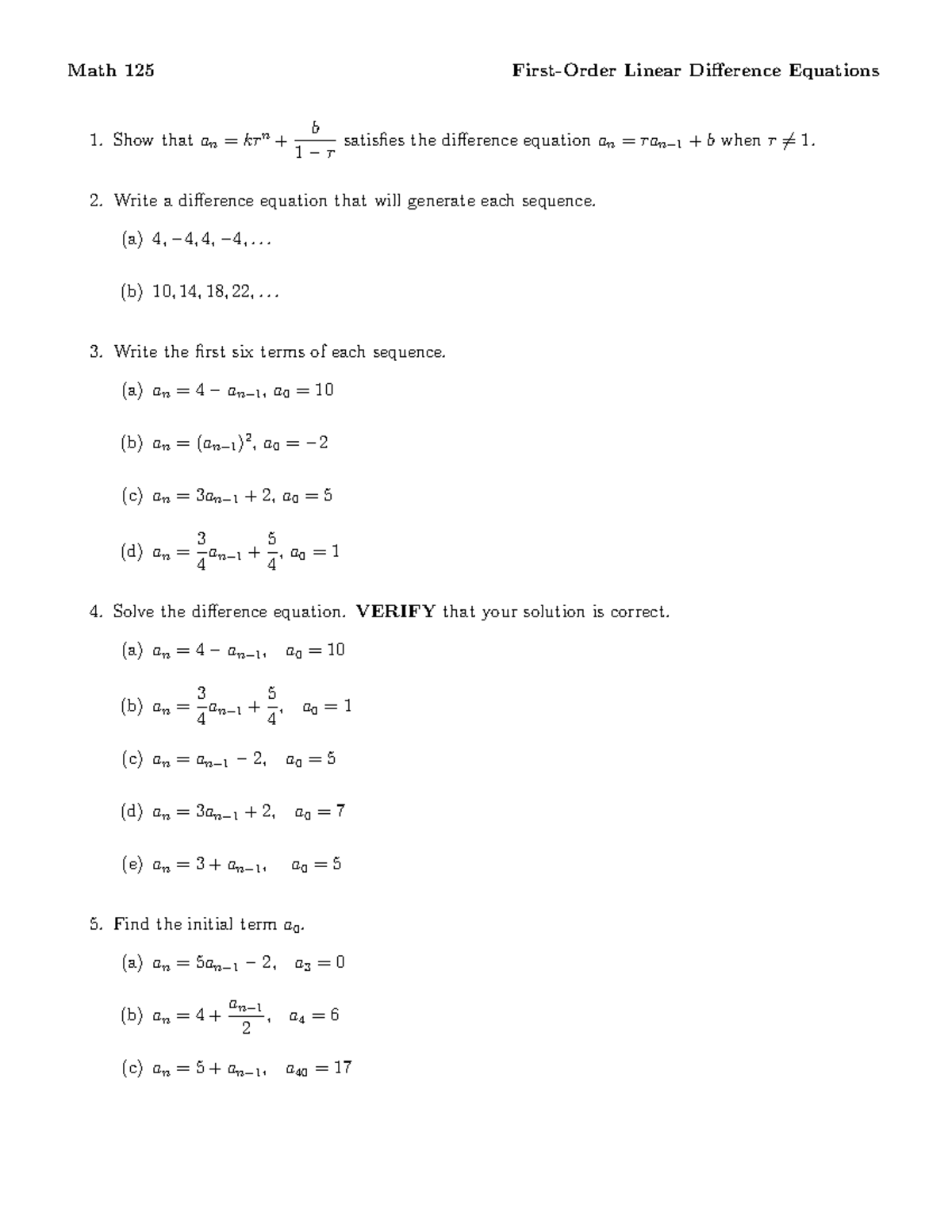 Linear Difference Equations-HW - Math 125 First-Order Linear Difference ...