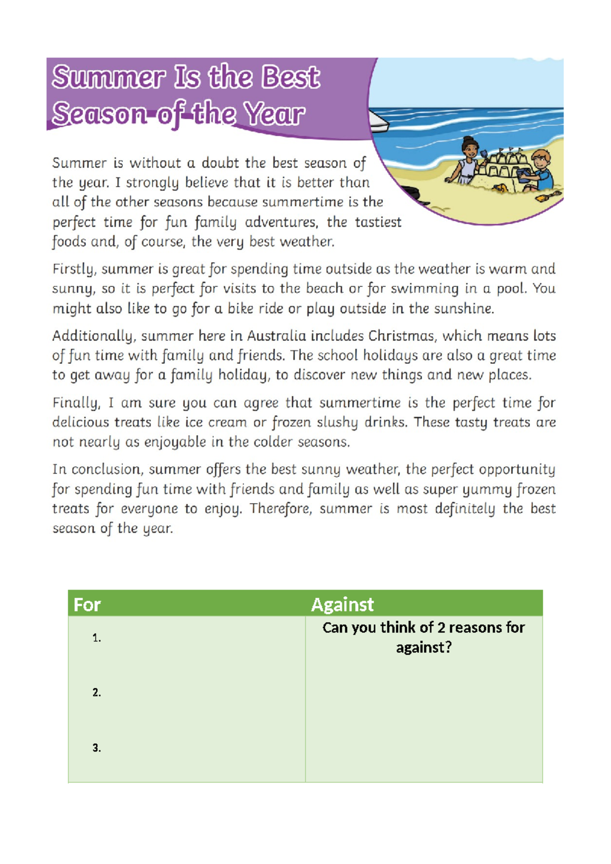 Persuasive Writing - Example and Template - For Against 1. 2. 3. Can ...