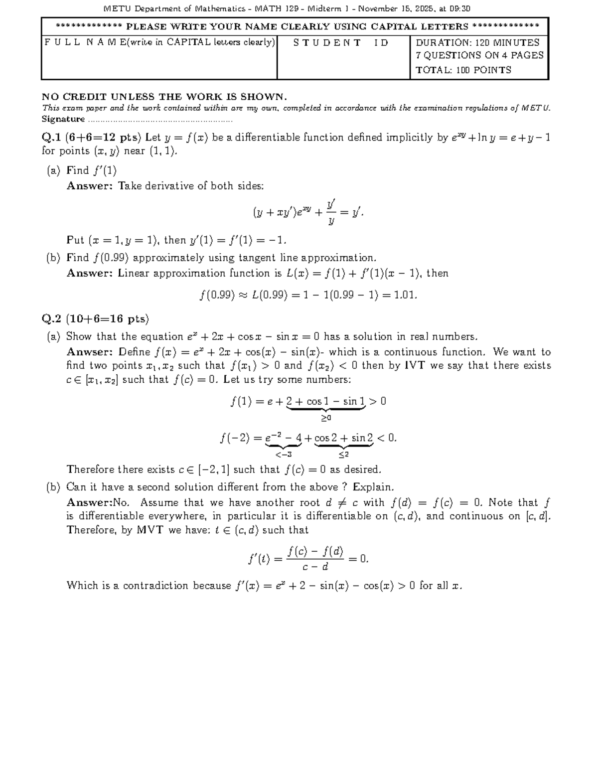 MATH 129 Midterm 1 Solutions - November 15, 2025 - Studocu