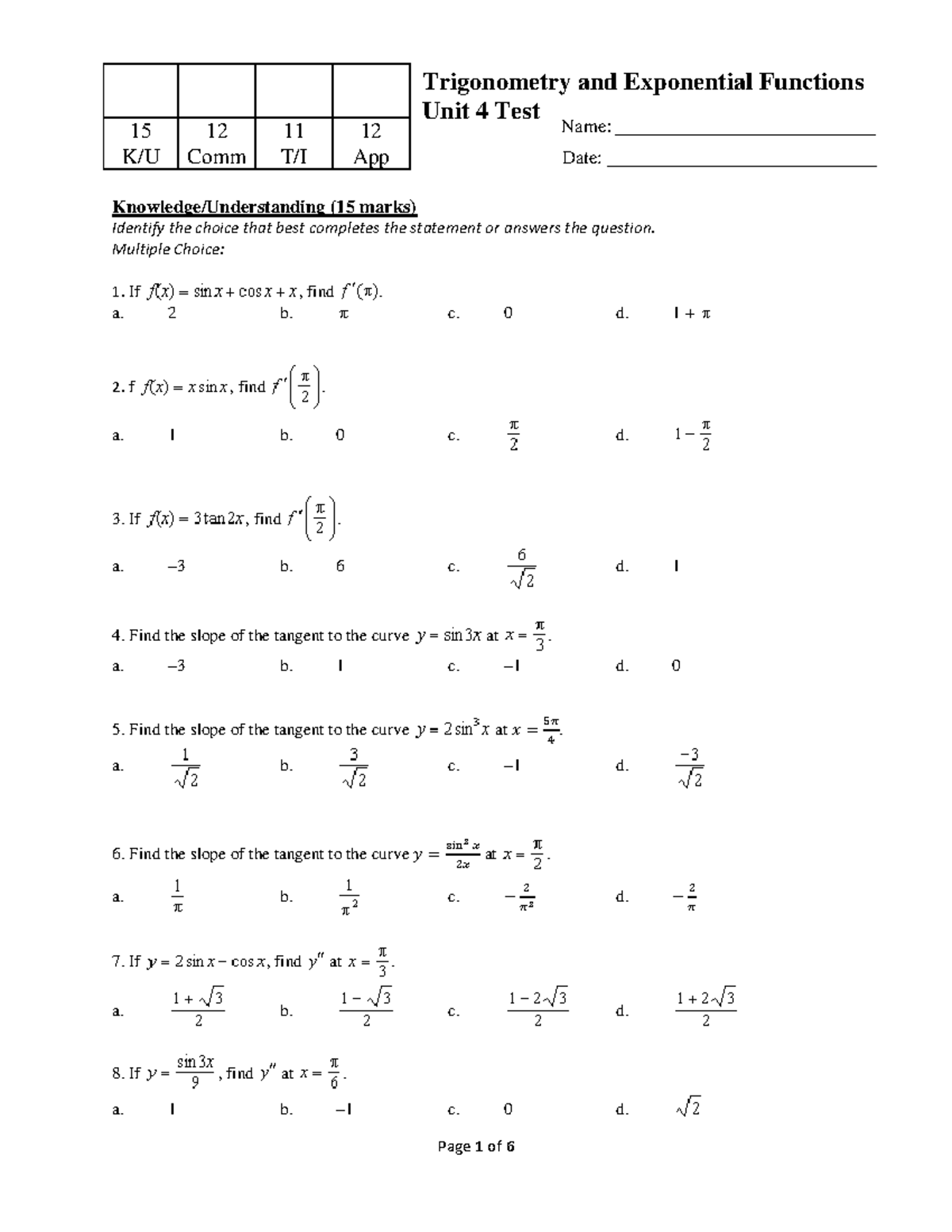 Unit 4 Test: Trigonometry & Exponential Functions (Comm 11) Practice ...