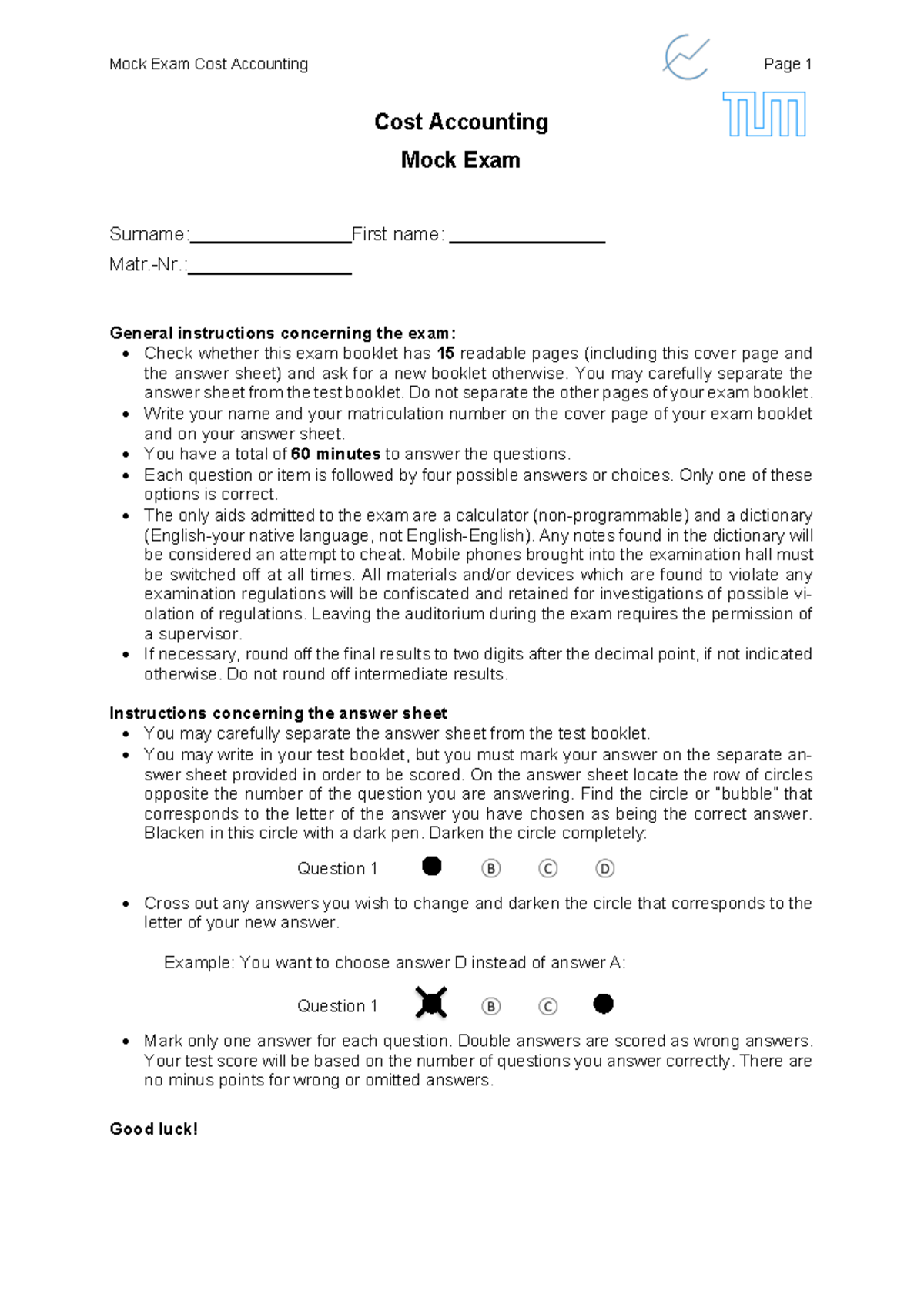 Mock Exam 2024 mit Lösungen - Cost Accounting - Studocu