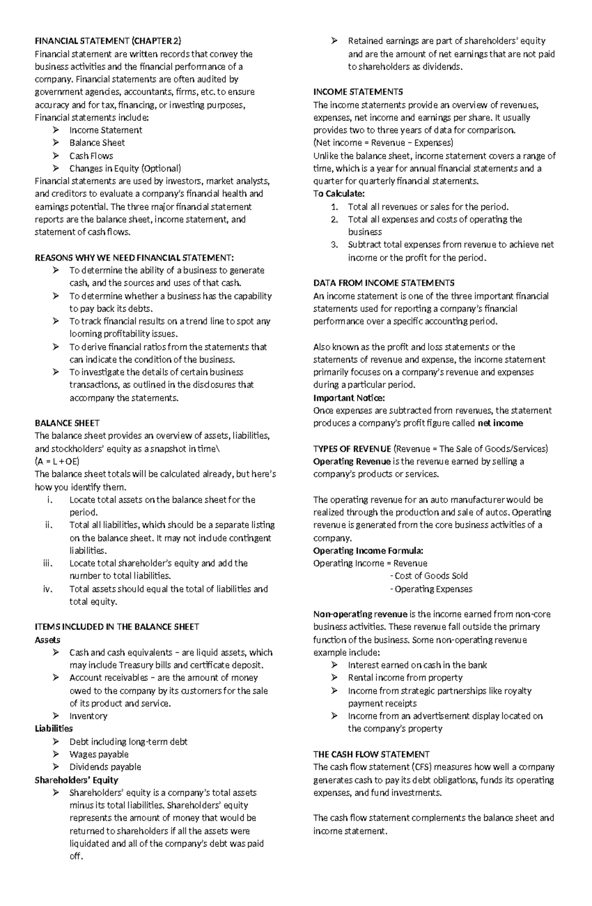 Financial Statements Overview (Chapter 2) - Studocu