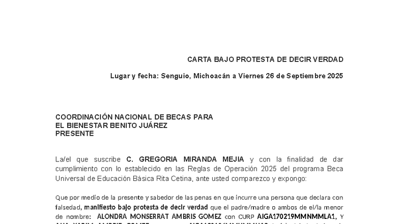 Carta Bajo Protesta de Decir Verdad - RO2025 - Studocu
