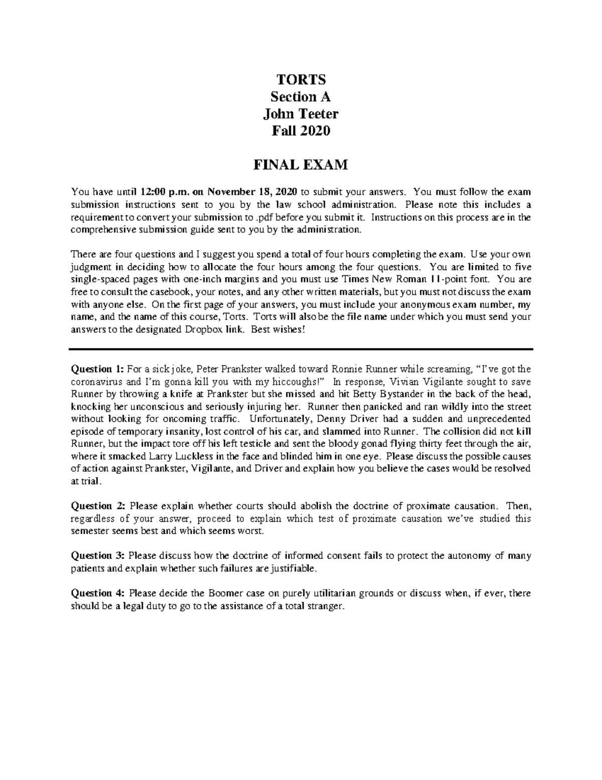 JT Torts I Final Exam Section A - Fall 2020 - Studocu