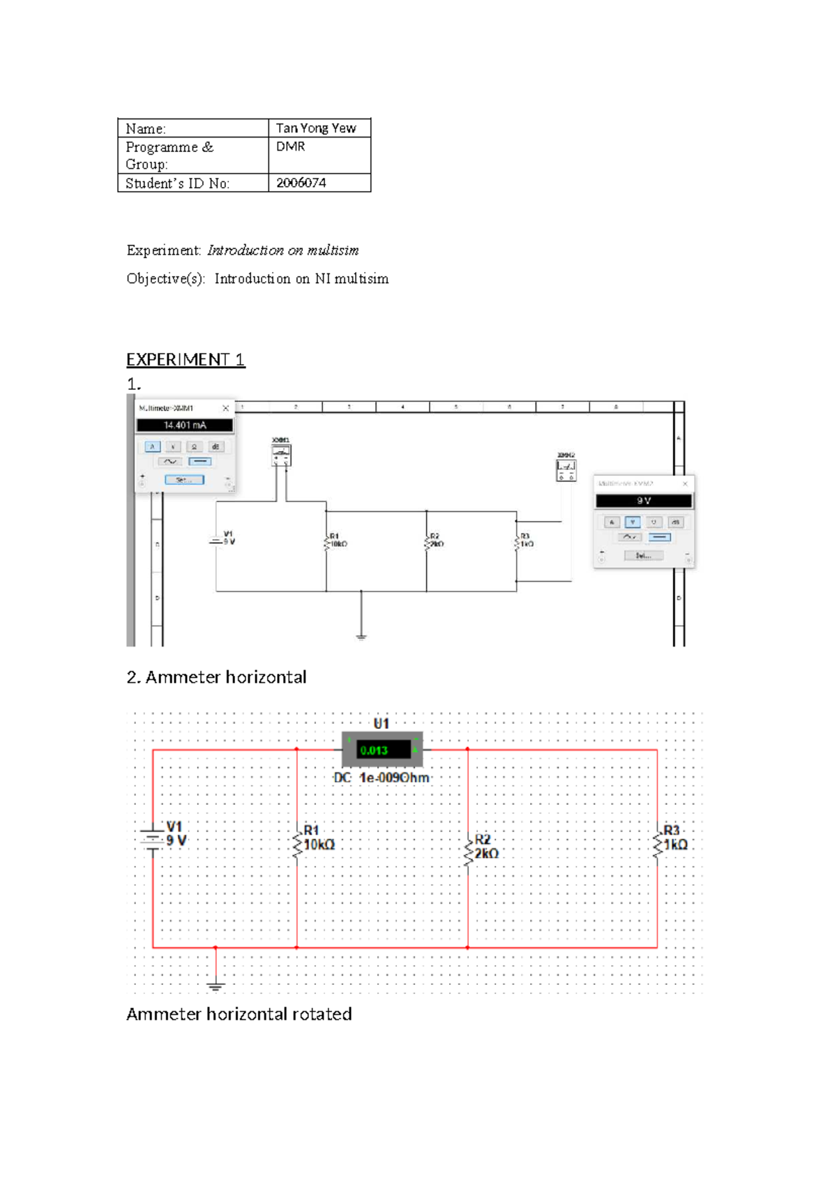 DMR 2006: Electric Circuit Assignment - Introduction to Multisim - Studocu