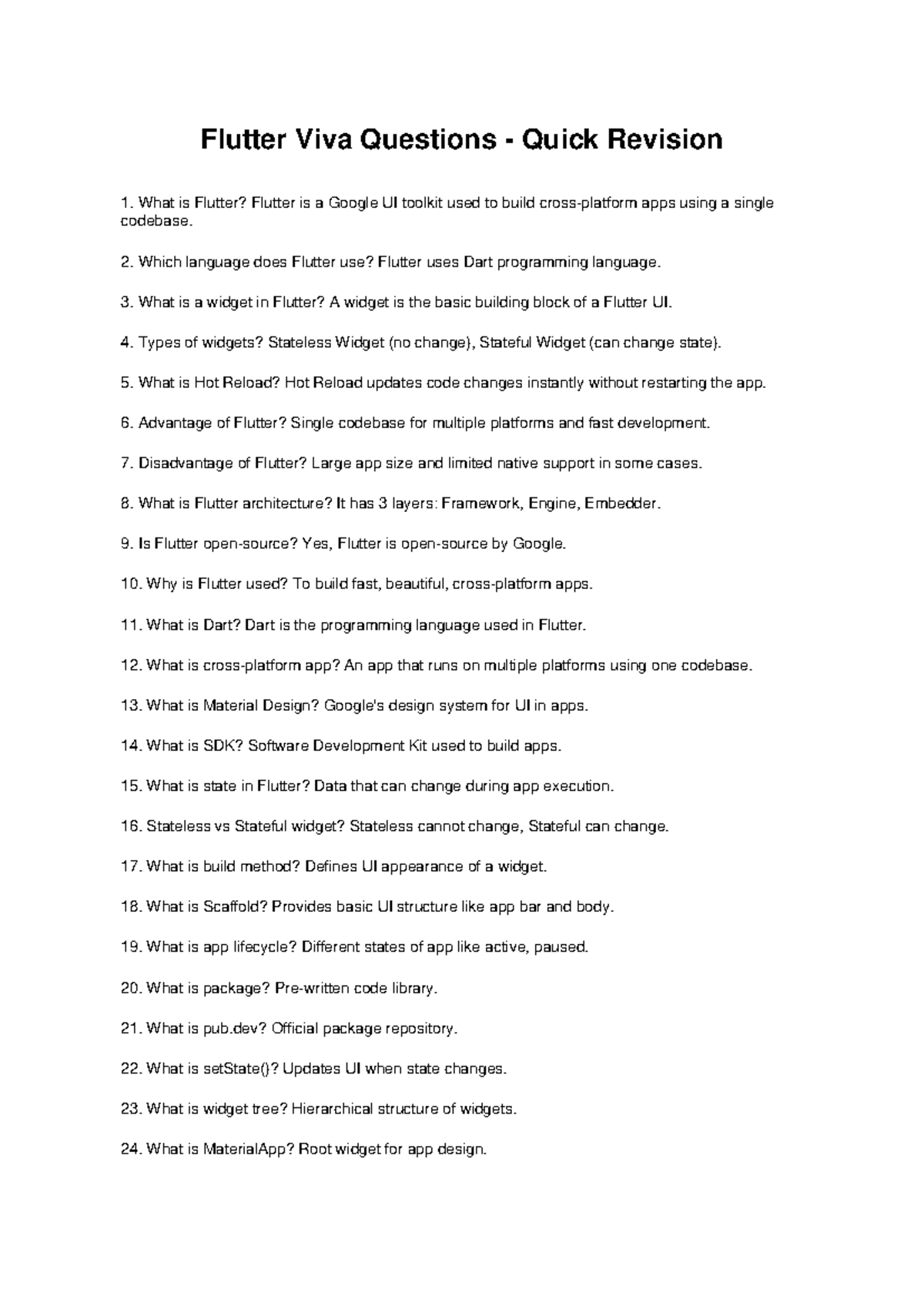 Flutter Viva Questions Quick Revision Guide - Studocu