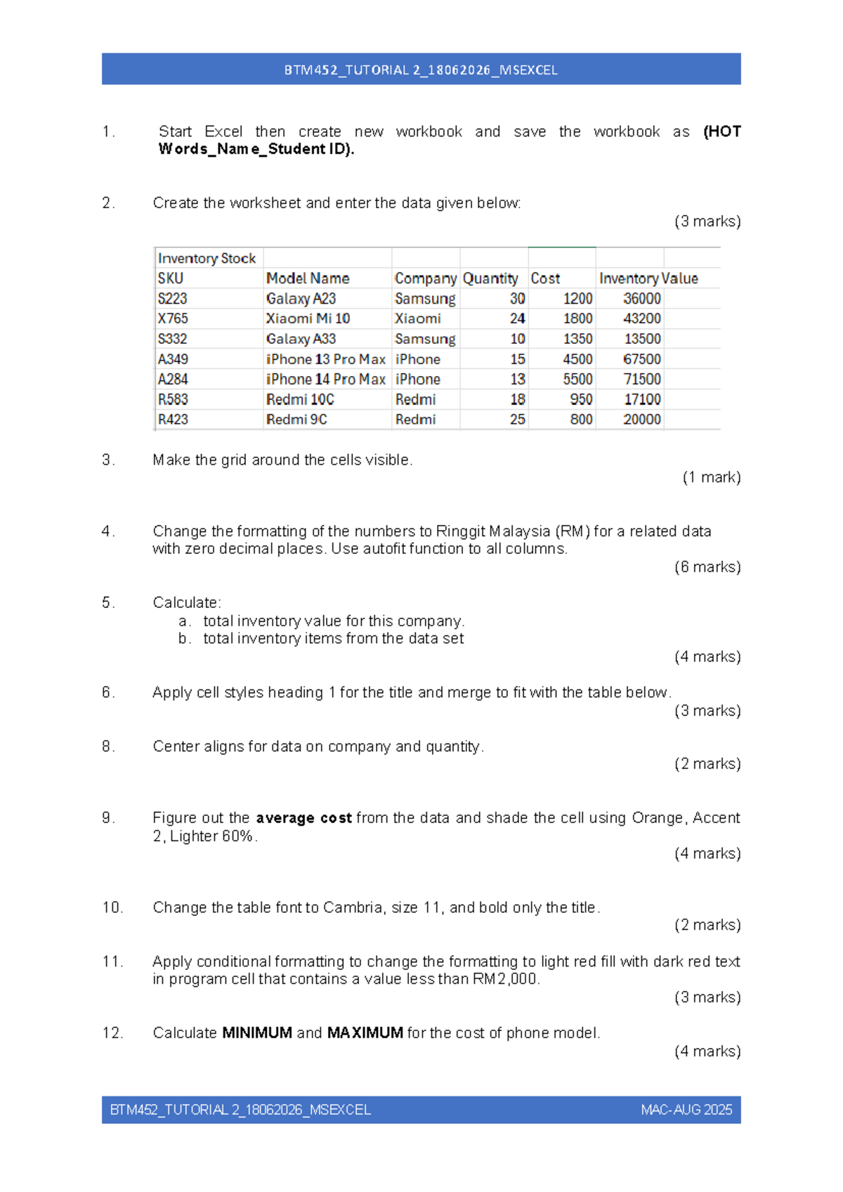 BTM452_Tutorial 2_Excel Workbook Instructions and Formatting Guide ...