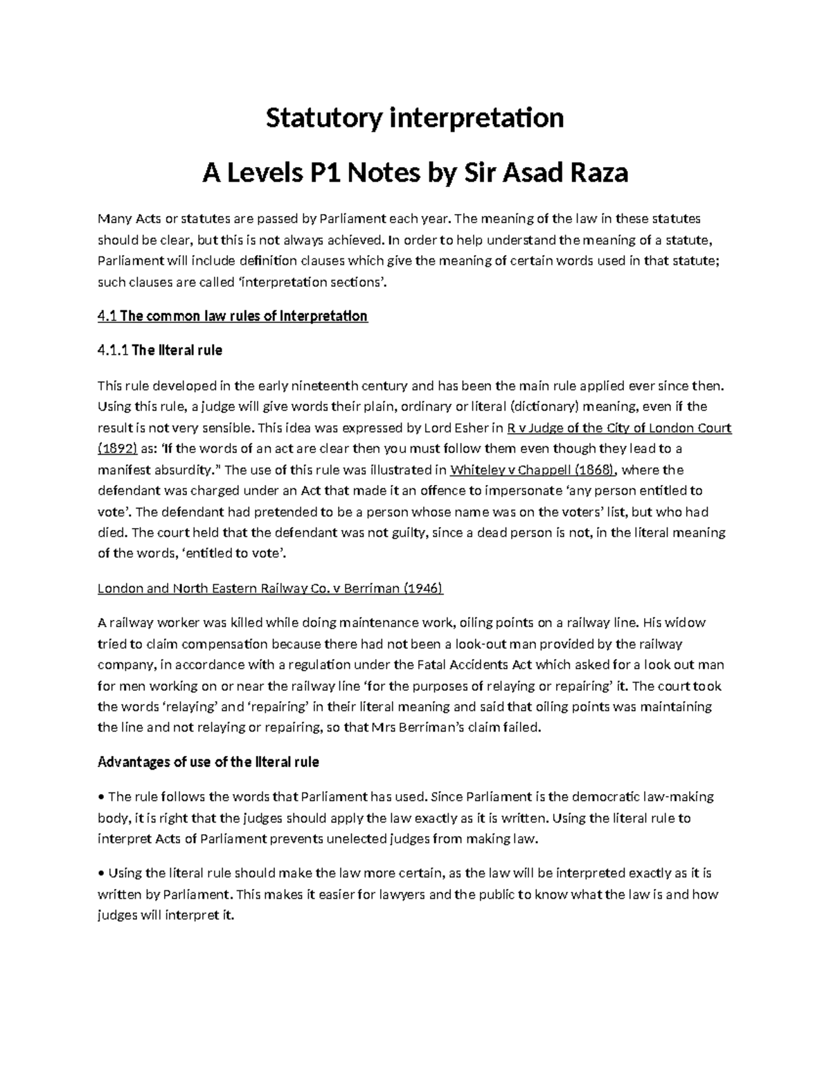 A Levels P1: Statutory Interpretation Notes by Sir Asad Raza - Studocu