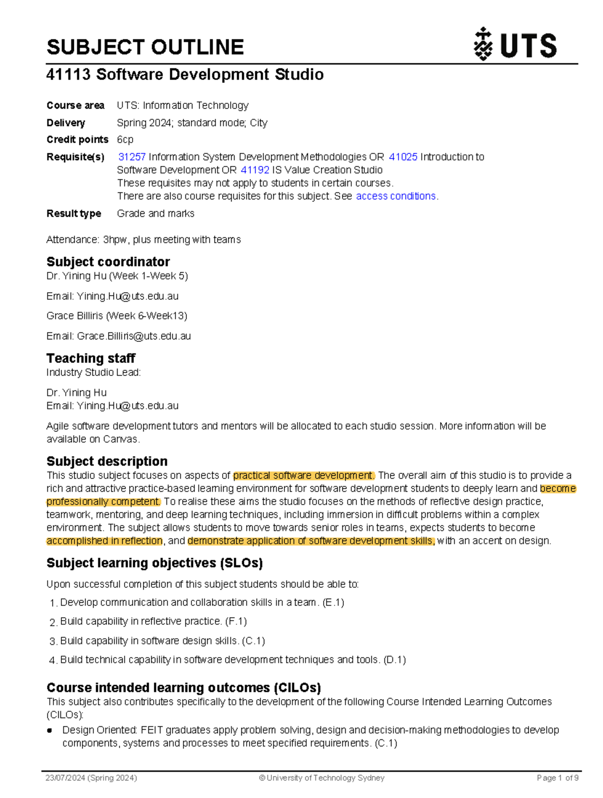 SDS 41113 Software Development Studio - Subject Outline Summary - Studocu