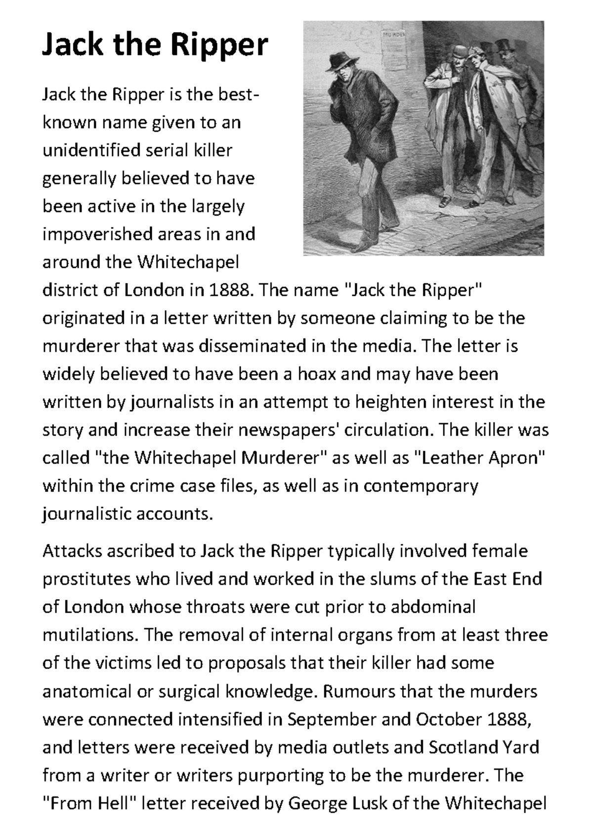 Jack the Ripper: A Study of the Infamous Serial Killer - Studocu