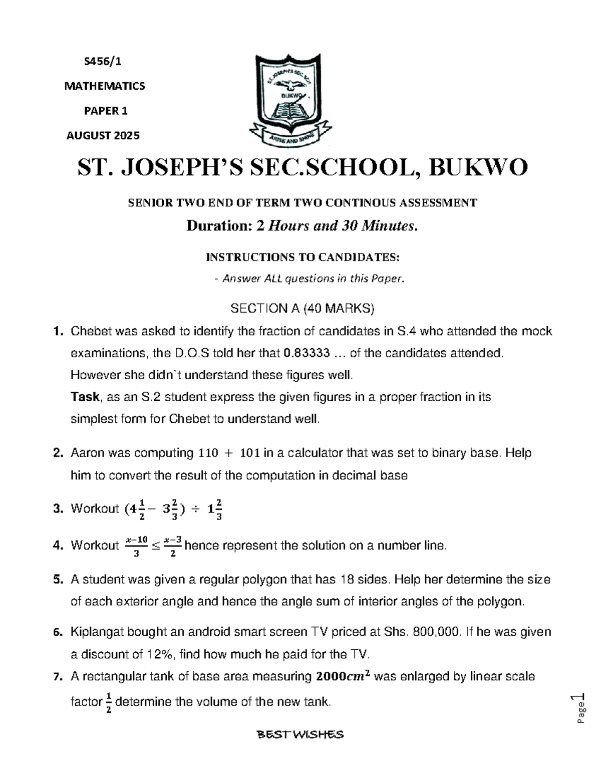 S2 MATH - Practice for August 2025 End of Term Assessment - Studocu