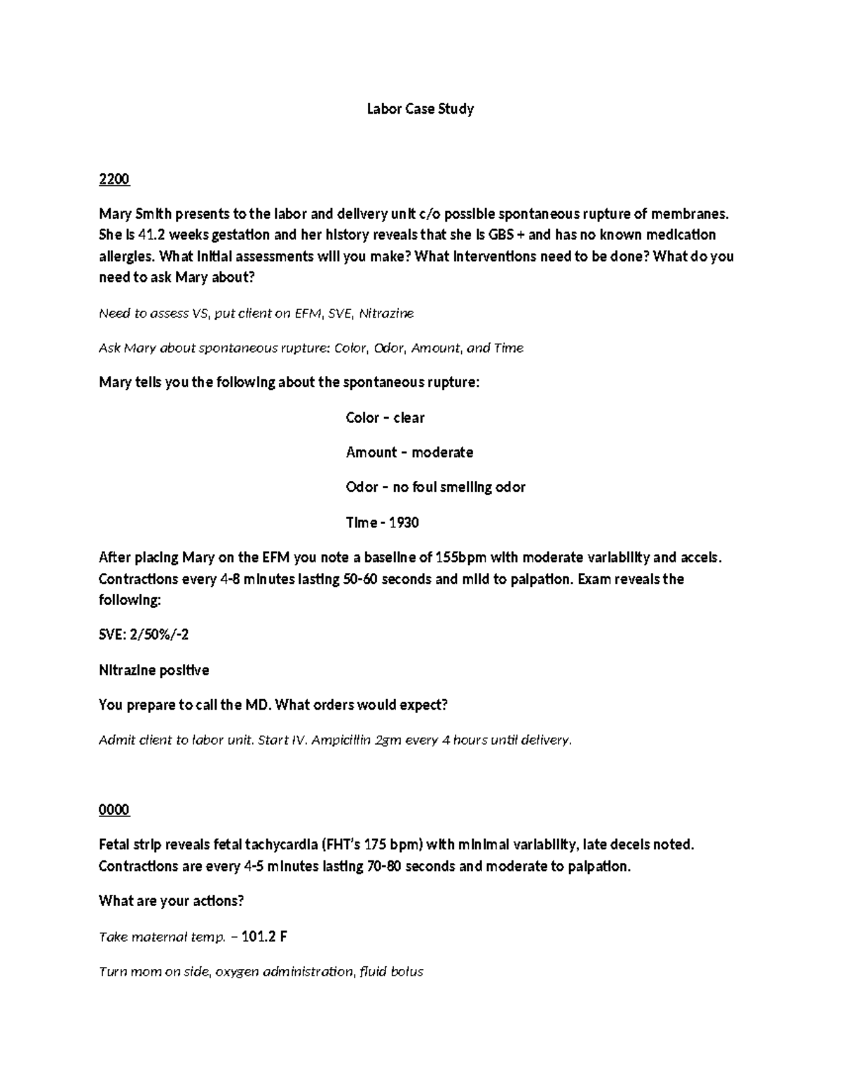 Labor Case Study 2200: Summary of Women's Health and Childbearing ...