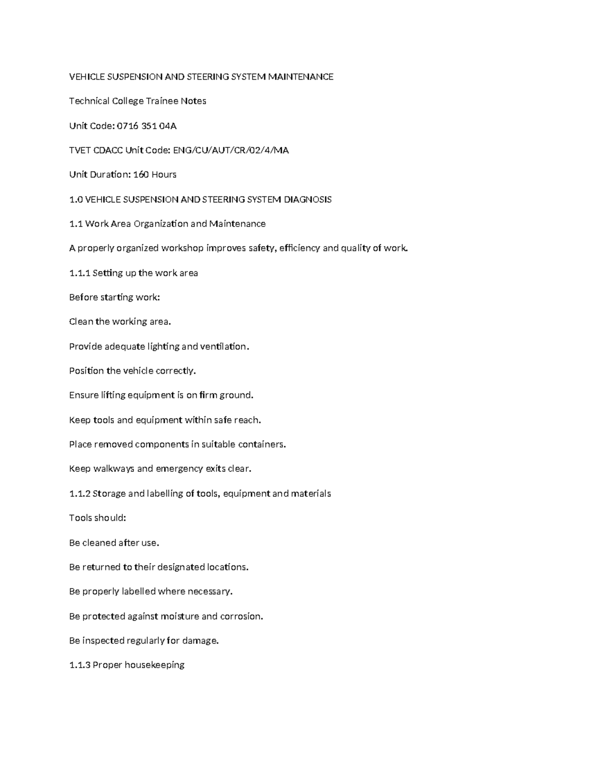 VEHICLE SUSPENSION & STEERING SYSTEM MAINTENANCE Notes 0716 351 04A ...