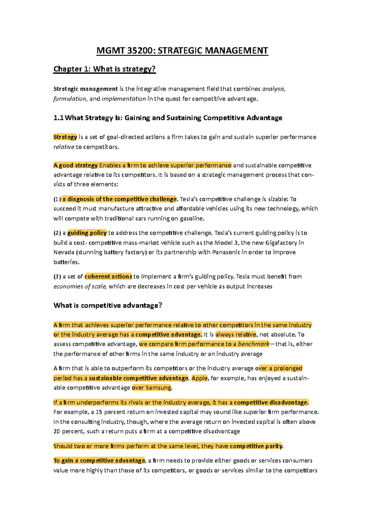 MGMT 35200: Chapters 1-3 Summary on Strategic Management Concepts - Studocu