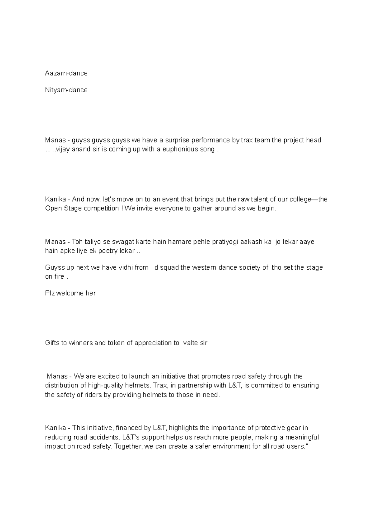 NSS Event Script: Open Stage Competition & Road Safety Initiative - Studocu