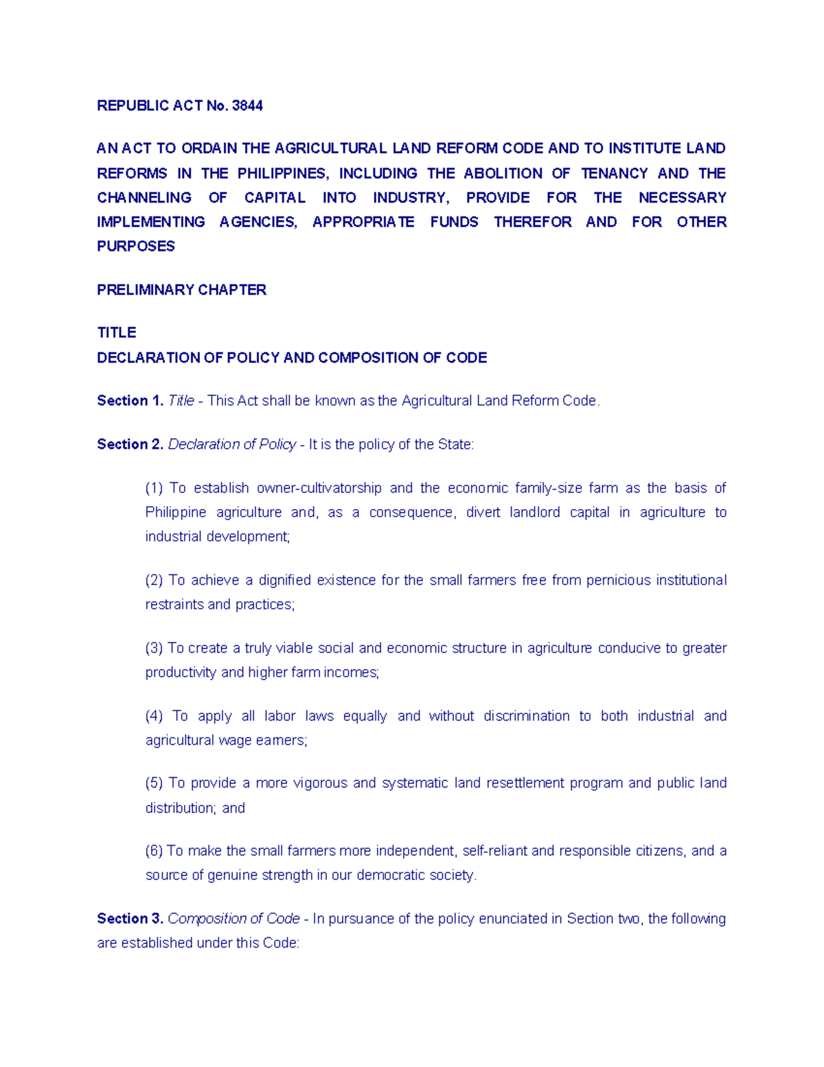 Republic Act No. 3844: Agricultural Land Reform Code Overview and ...