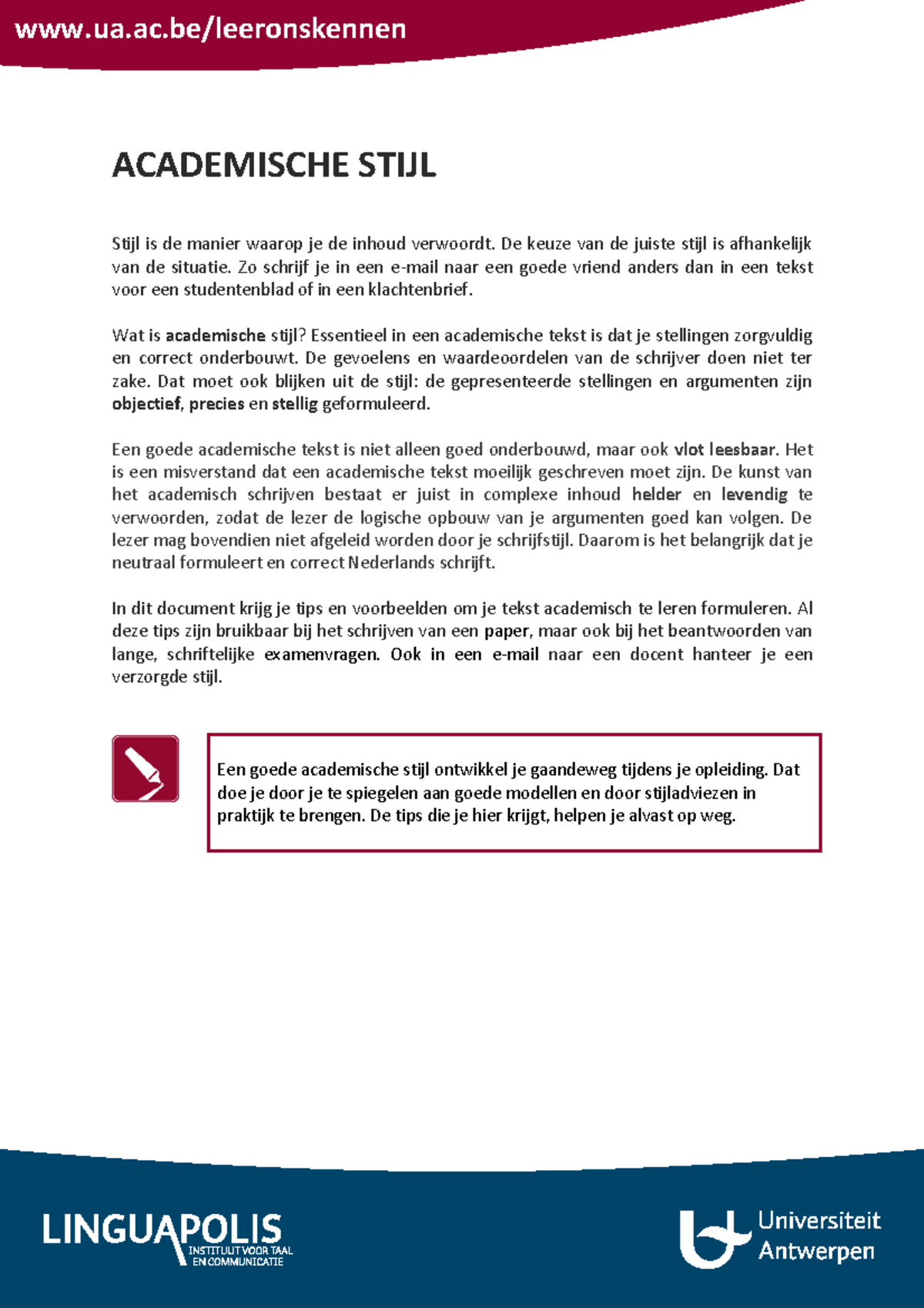 Academische stij - Voor examen belangrijk - ua.ac/leeronskennen ...