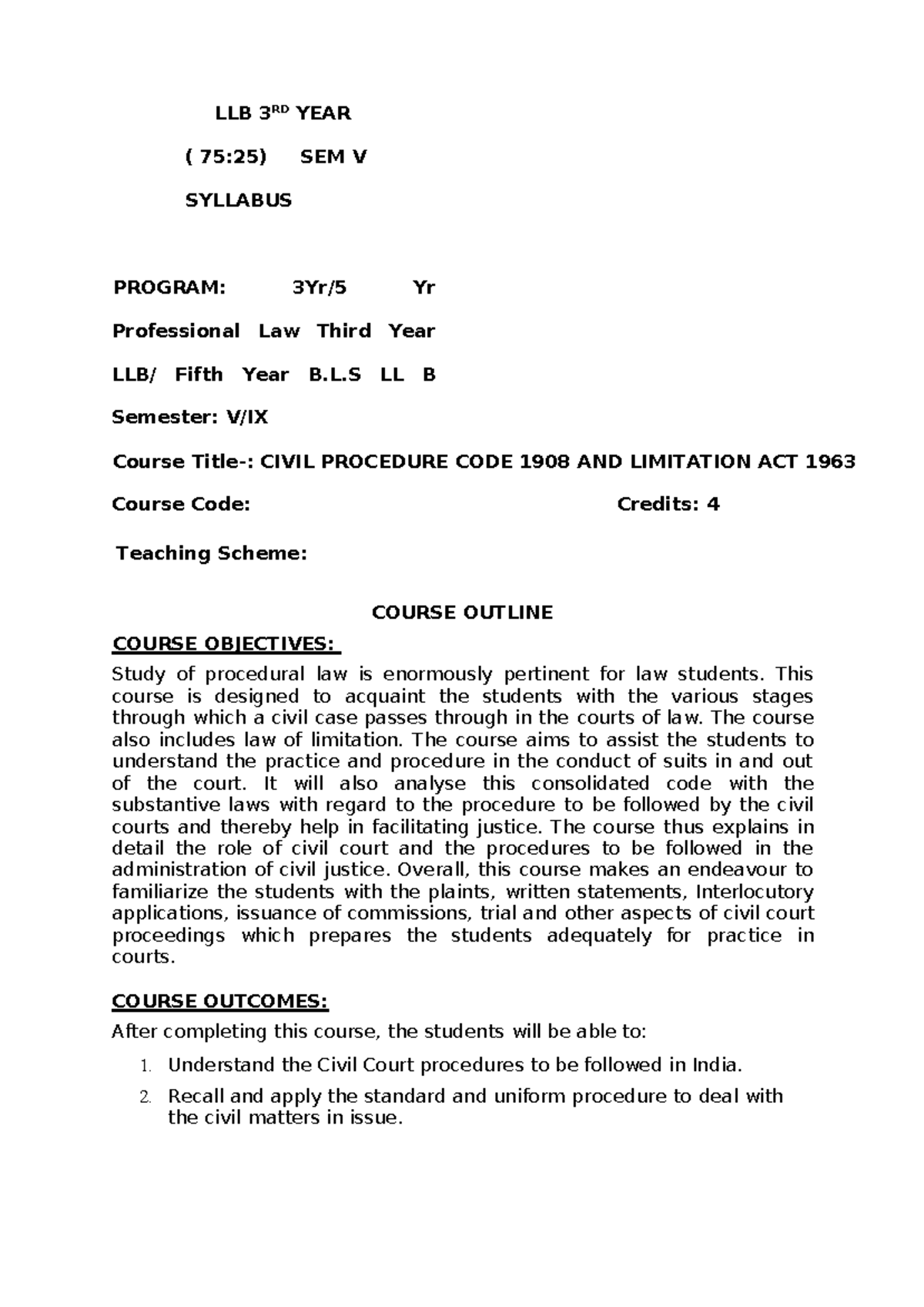 LLB Sem V Course Syllabus: Civil, Criminal, Labour & Int'l Law - Studocu